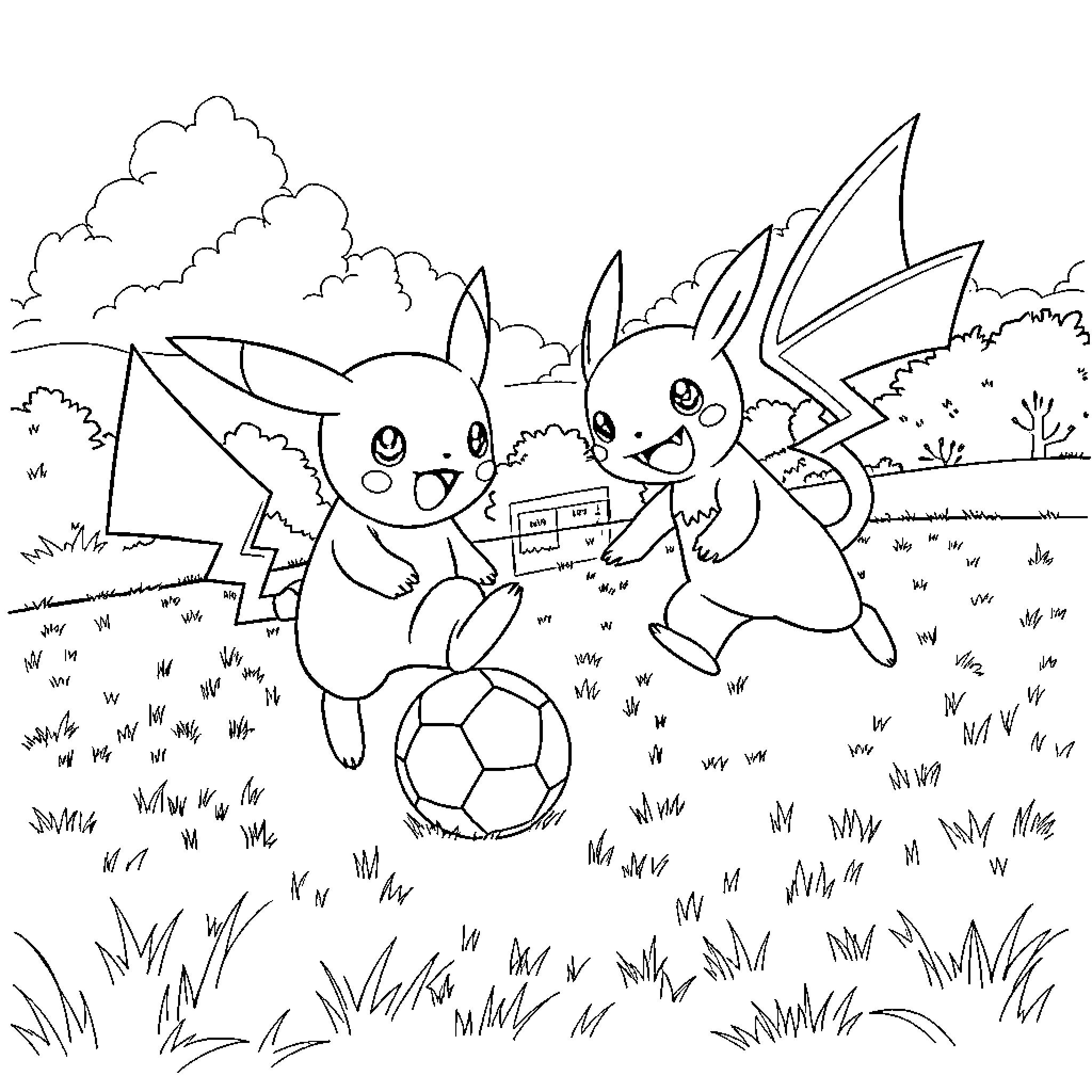 Pokémon Characters Playfully Kicking a Ball in Nature Coloring Page (free black-and-white line drawing printable PDF for all, from beginners to advanced learners, including children, teens, adults, and seniors)