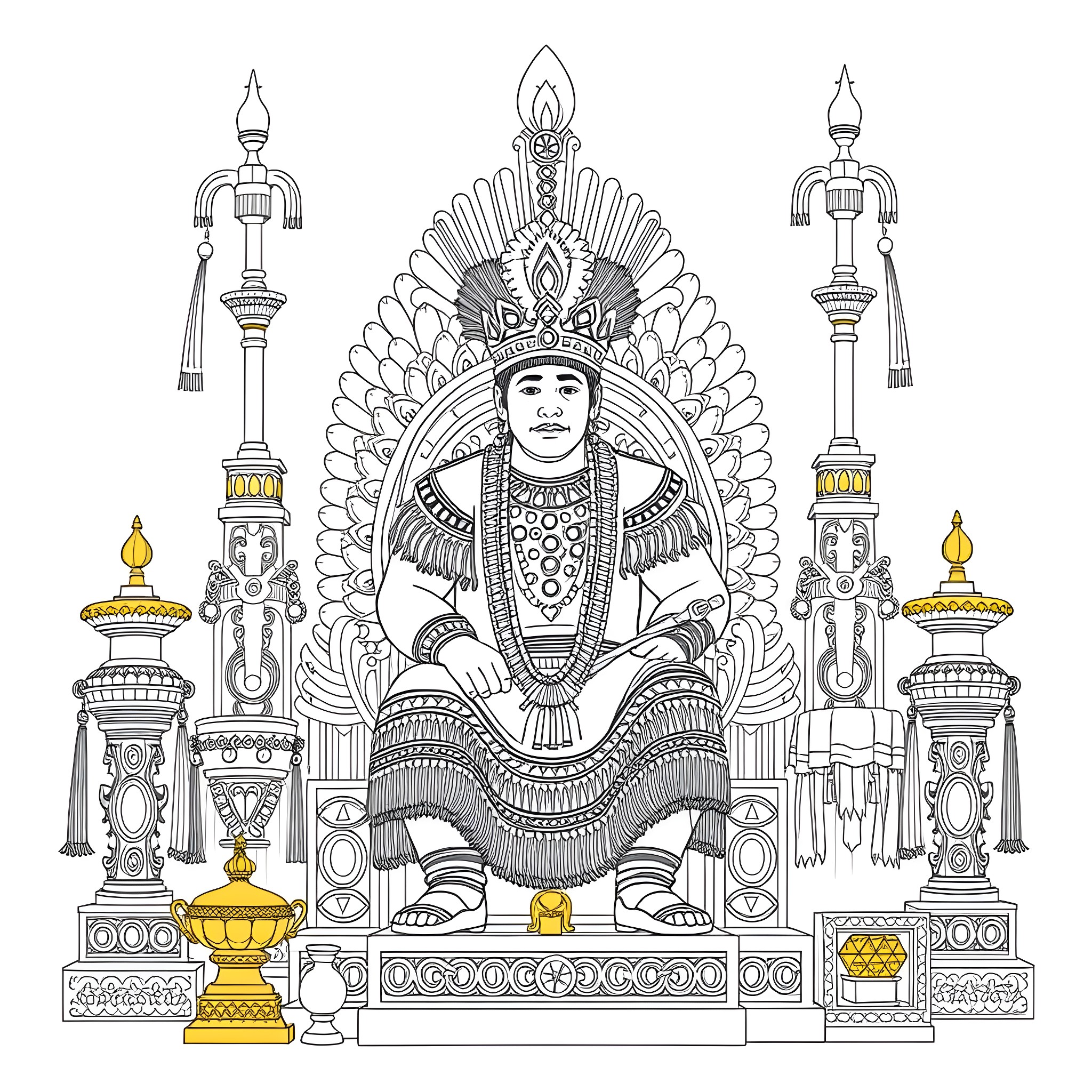 Atahualpa seated on an ornate throne with elaborate decoration Coloring Page (free black-and-white line drawing printable PDF for all, from beginners to advanced learners, including children, teens, adults, and seniors)