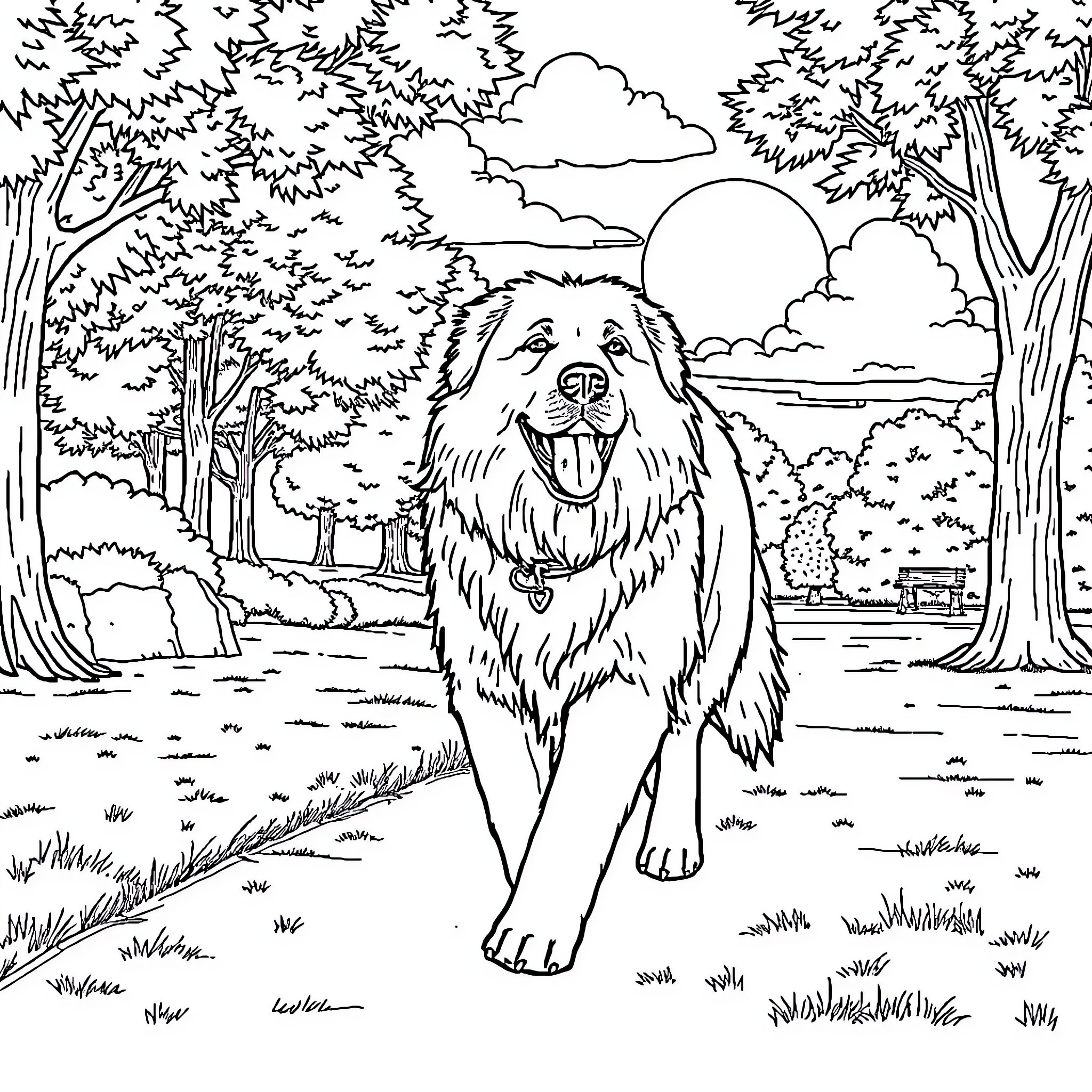 Pyrenean dog enjoying a peaceful forest scene Coloring Page (free black-and-white line drawing printable PDF for all, from beginners to advanced learners, including children, teens, adults, and seniors)