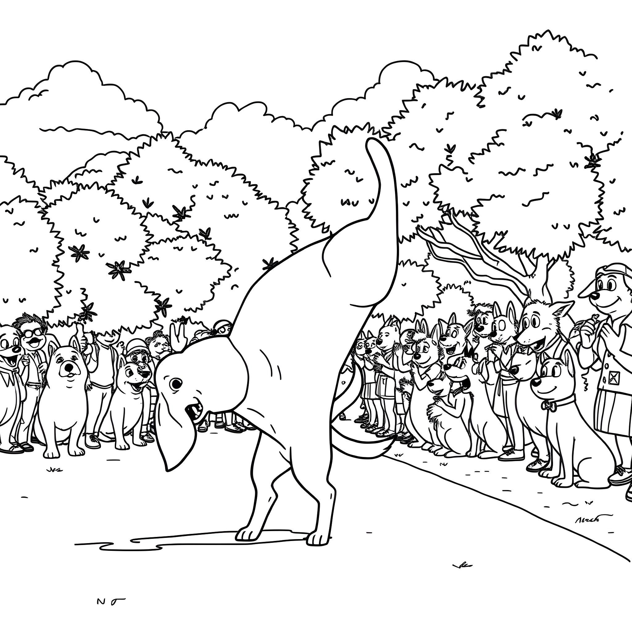 Dog Man leads the pack through the forest Coloring Page (free black-and-white line drawing printable PDF for all, from beginners to advanced learners, including children, teens, adults, and seniors)