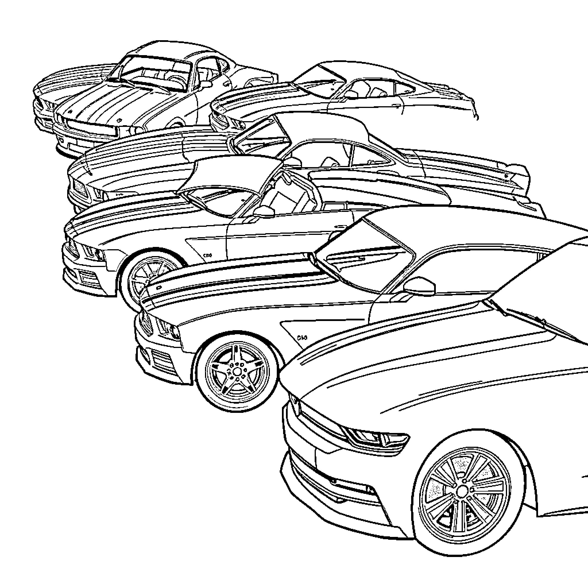 Ford Mustang vehicles in action-packed display Coloring Page (free black-and-white line drawing printable PDF for all, from beginners to advanced learners, including children, teens, adults, and seniors)