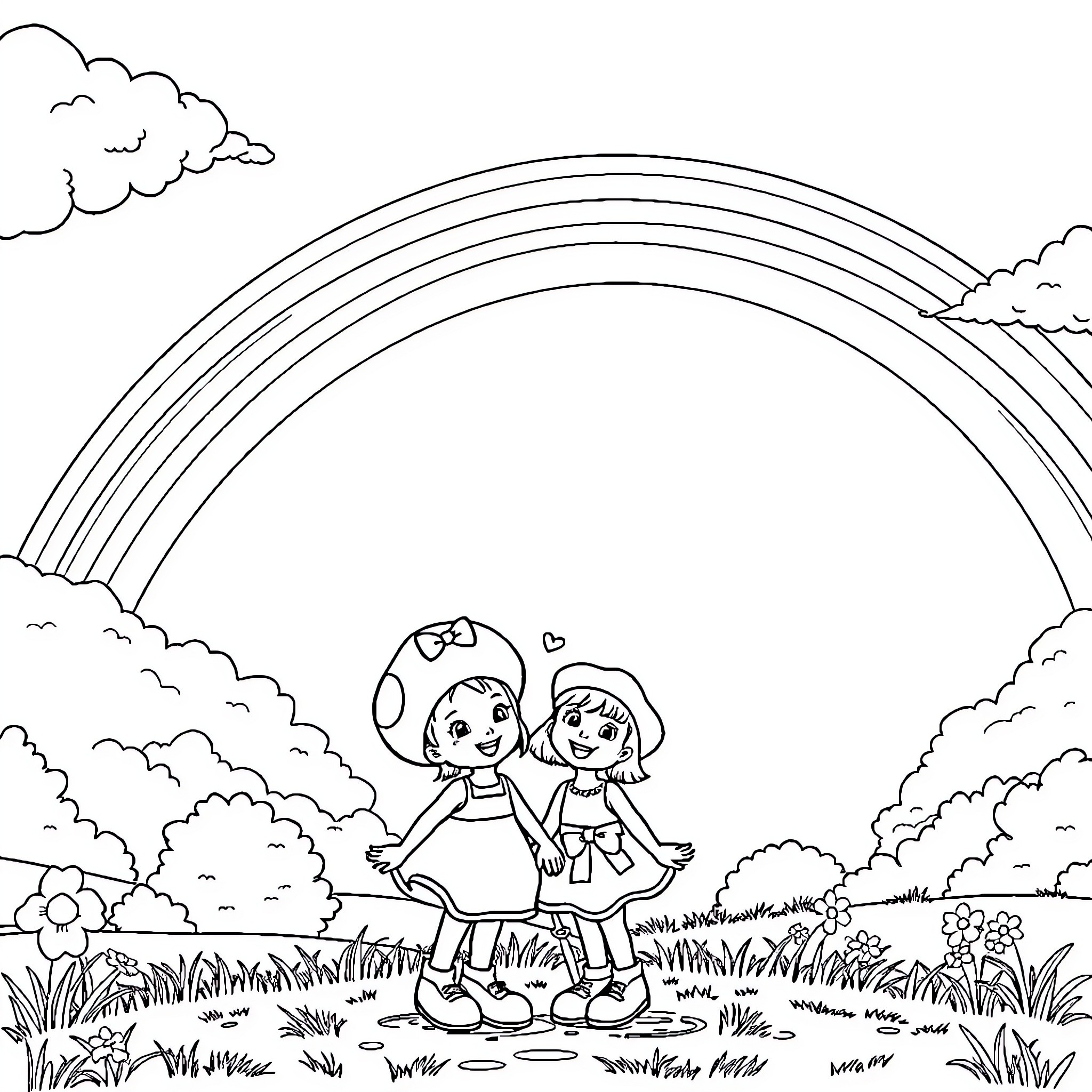 Toadette and friend exploring the rainbow landscape Coloring Page (free black-and-white line drawing printable PDF for all, from beginners to advanced learners, including children, teens, adults, and seniors)