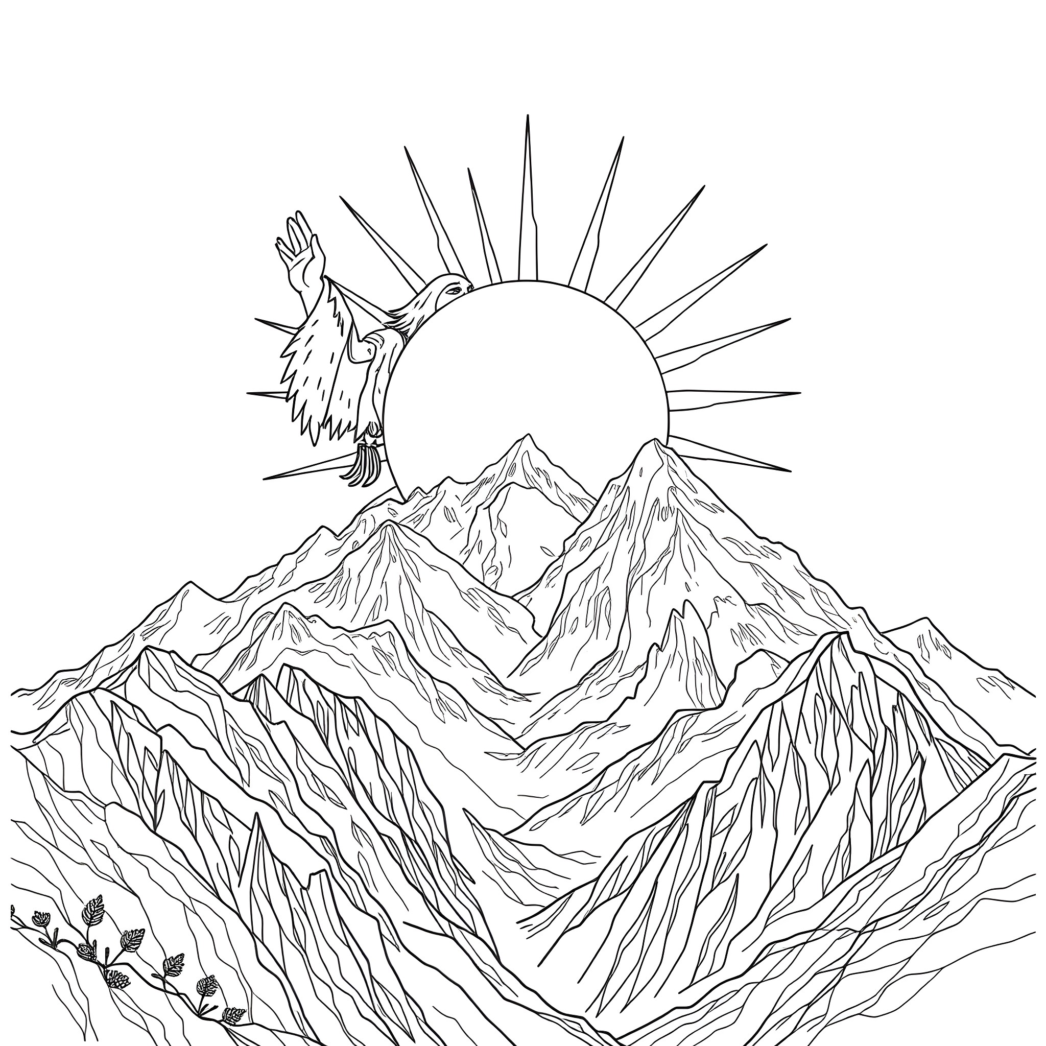 Spirit of the Mountains Coloring Page (free black-and-white line drawing printable PDF for all, from beginners to advanced learners, including children, teens, adults, and seniors)