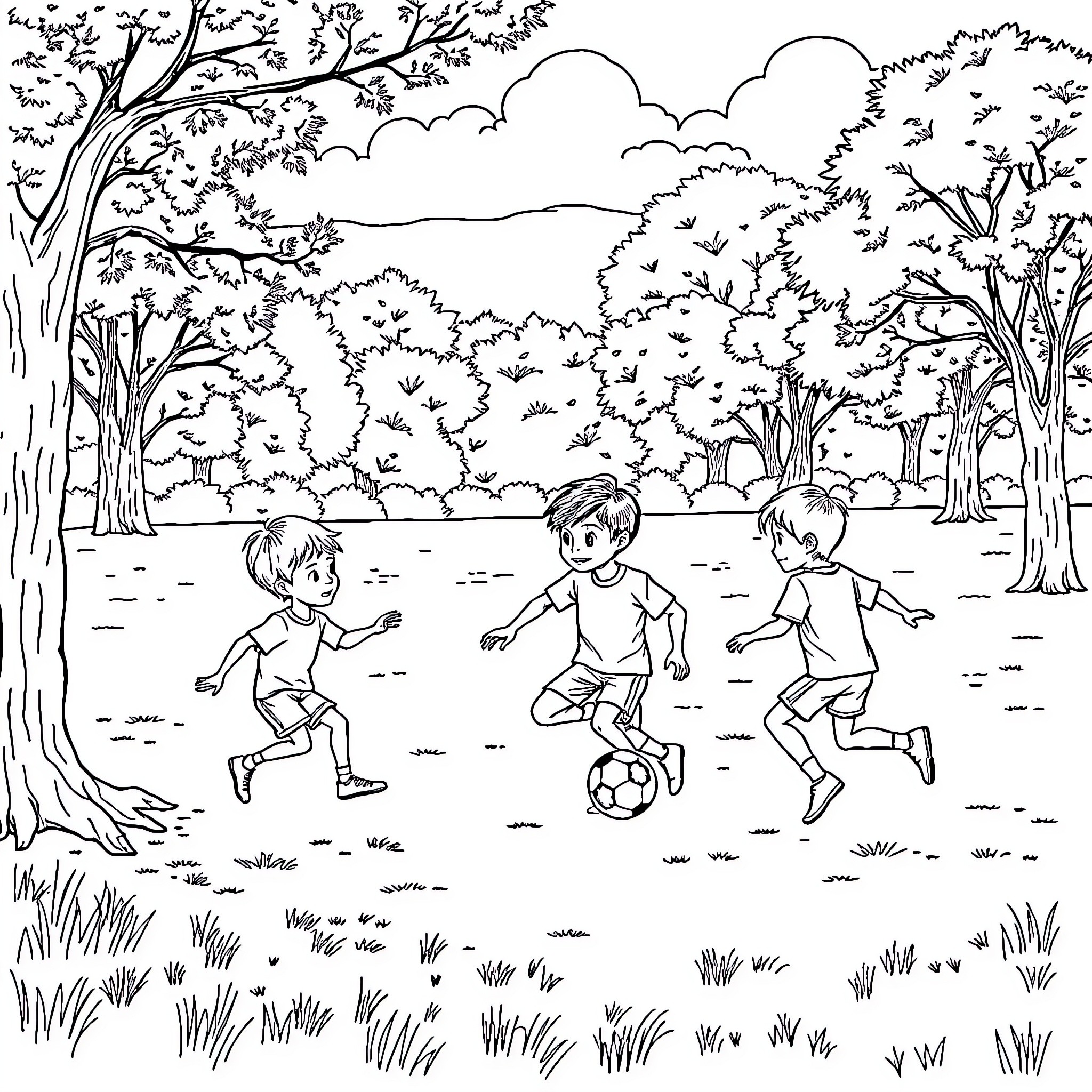 Football players engaged in outdoor game Coloring Page (free black-and-white line drawing printable PDF for all, from beginners to advanced learners, including children, teens, adults, and seniors)