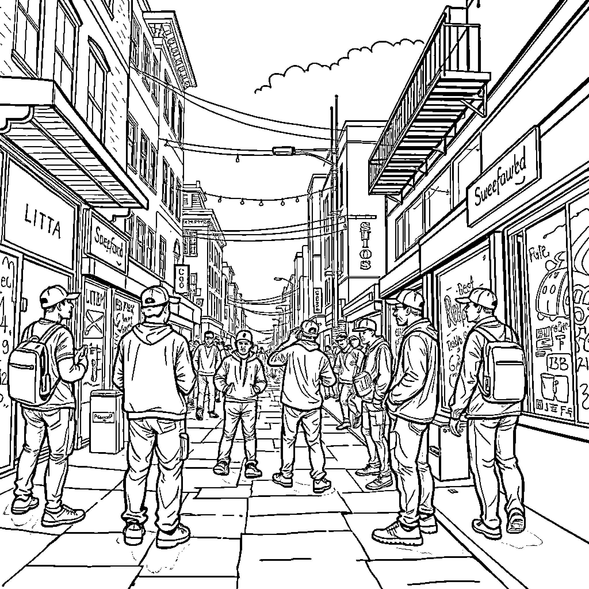 Hustler's lively street scene with diverse crowd Coloring Page (free black-and-white line drawing printable PDF for all, from beginners to advanced learners, including children, teens, adults, and seniors)