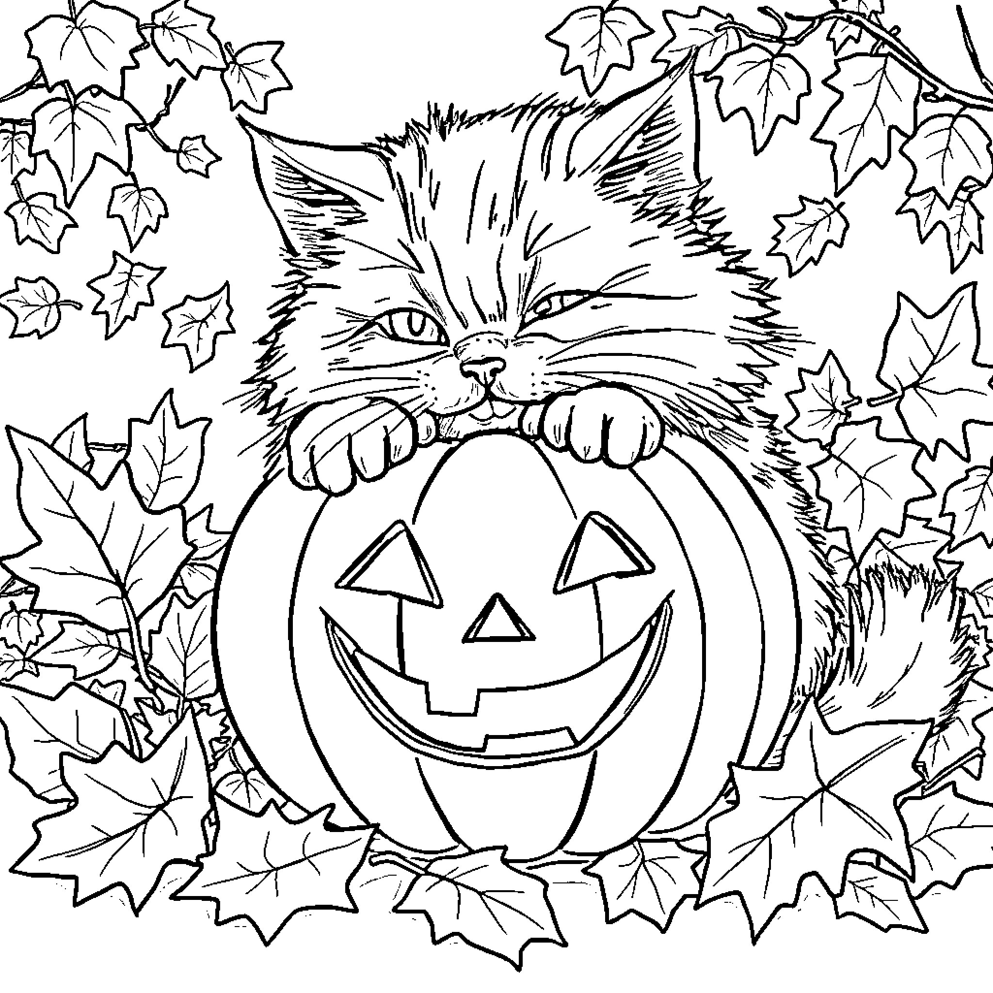 Cat hiding in pumpkin with autumn leaves Coloring Page (free black-and-white line drawing printable PDF for all, from beginners to advanced learners, including children, teens, adults, and seniors)