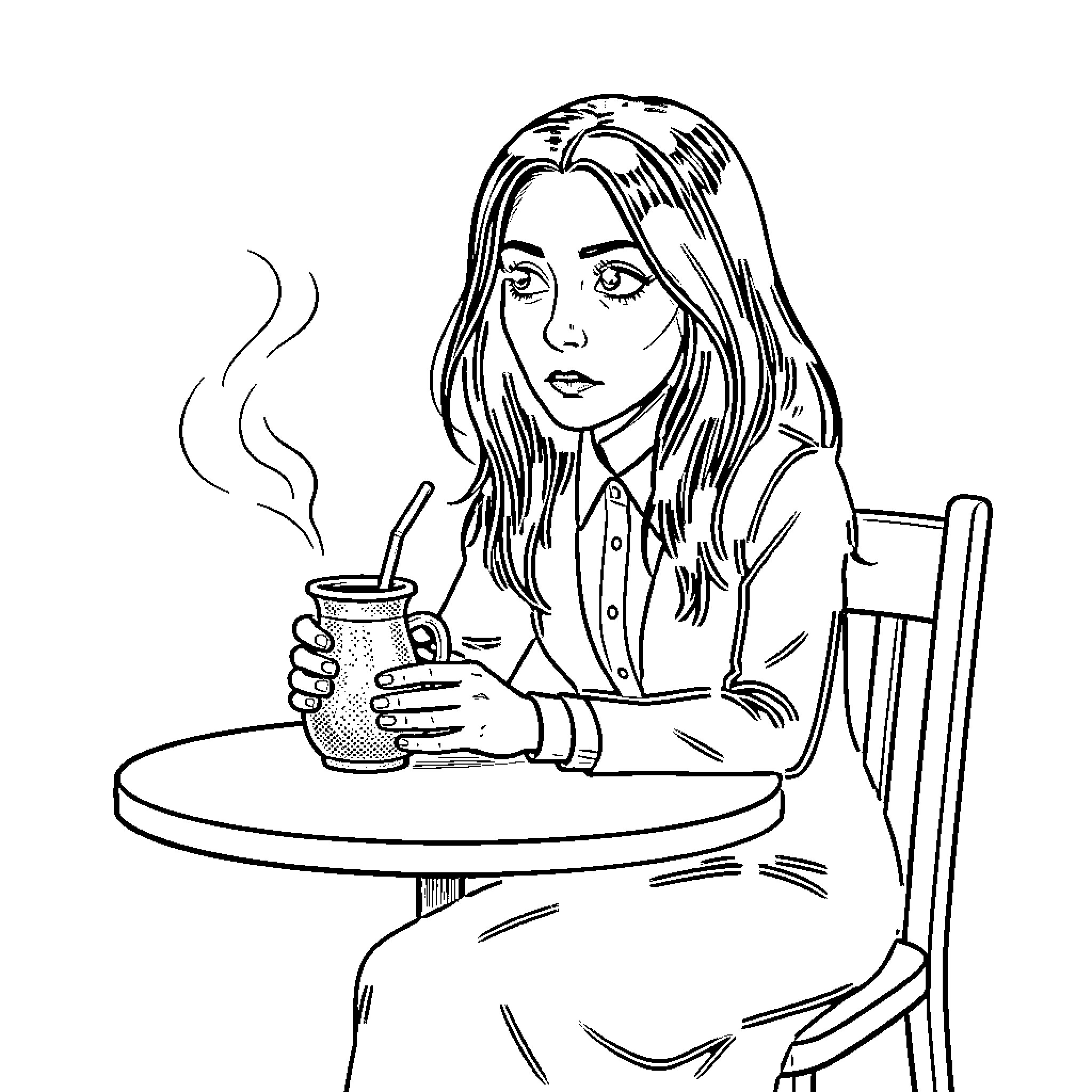 Wednesday sitting thoughtfully while holding a steaming mug Coloring Page (free black-and-white line drawing printable PDF for all, from beginners to advanced learners, including children, teens, adults, and seniors)