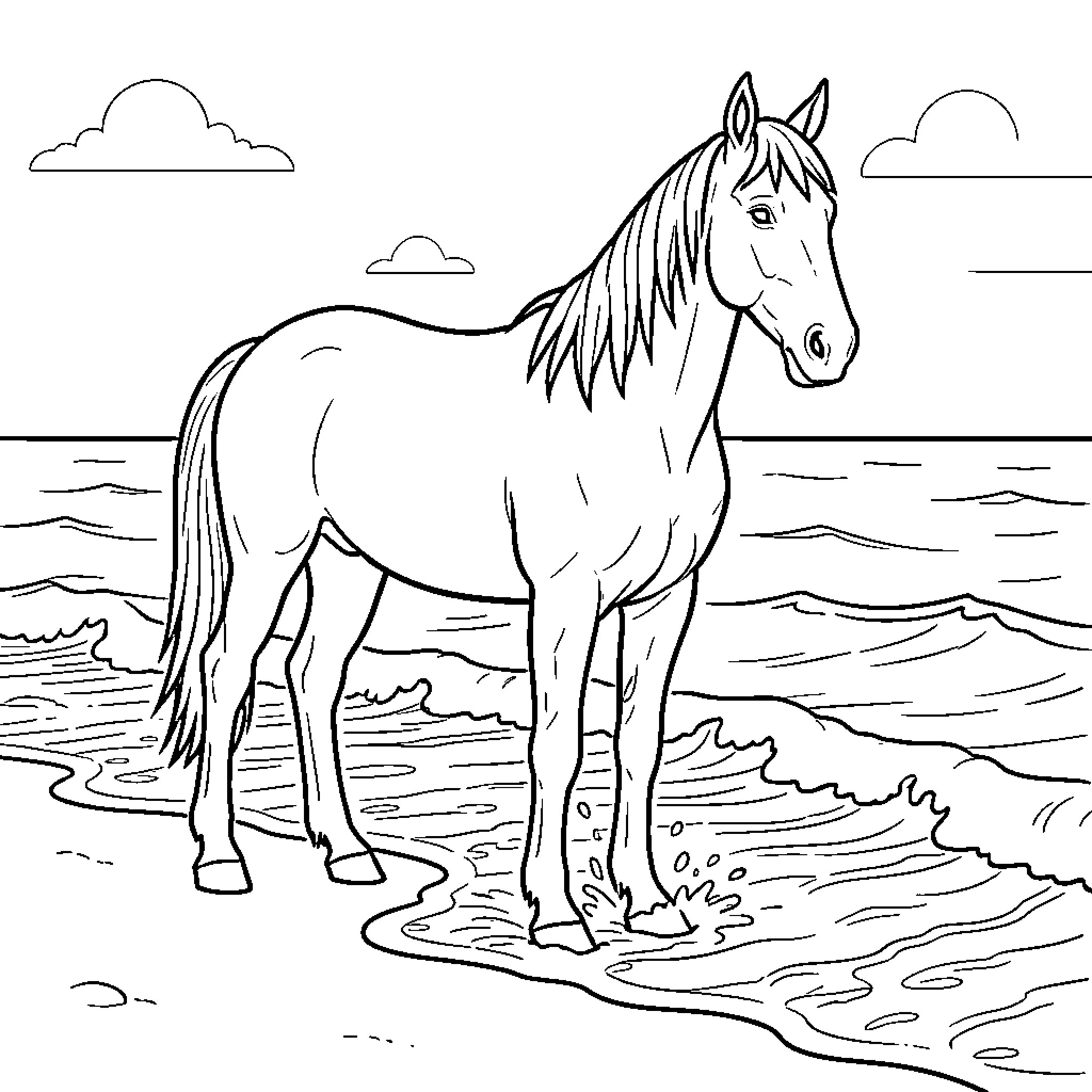Horse standing calmly at the edge of the ocean Coloring Page (free black-and-white line drawing printable PDF for all, from beginners to advanced learners, including children, teens, adults, and seniors)
