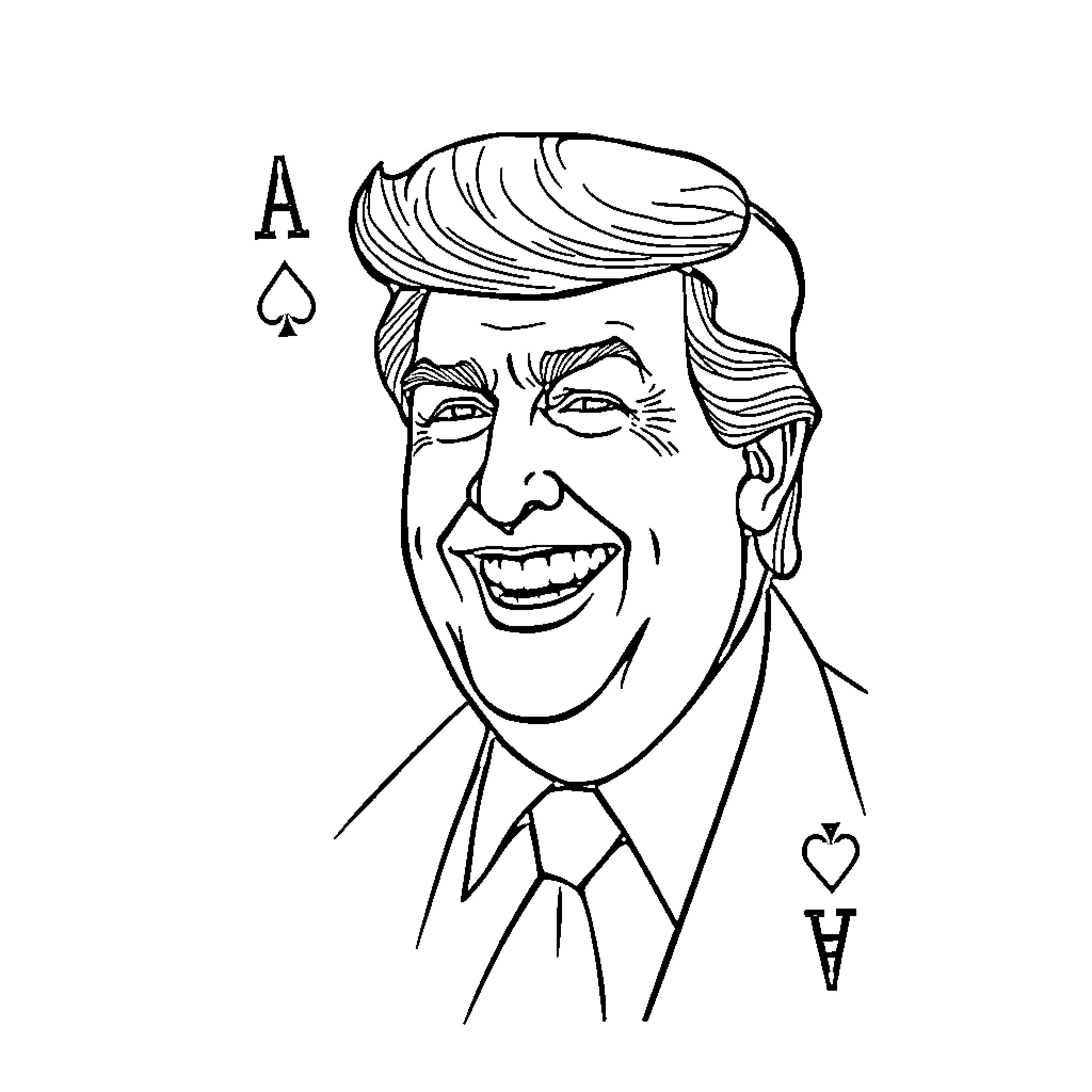 Trump playing with playing cards and smiling Coloring Page (free black-and-white line drawing printable PDF for all, from beginners to advanced learners, including children, teens, adults, and seniors)