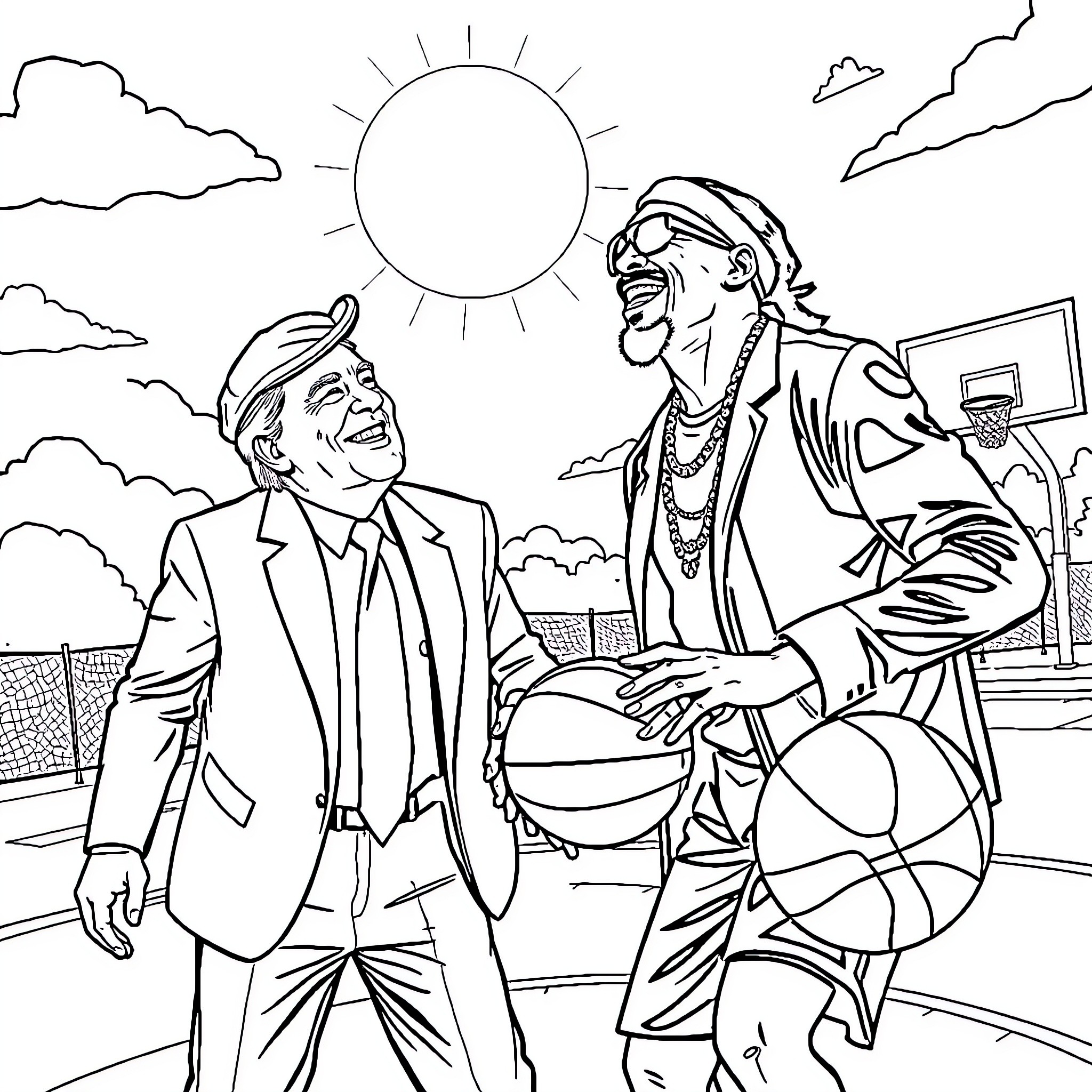 Trump and the Basketball Player: A Jovial Encounter Coloring Page (free black-and-white line drawing printable PDF for all, from beginners to advanced learners, including children, teens, adults, and seniors)