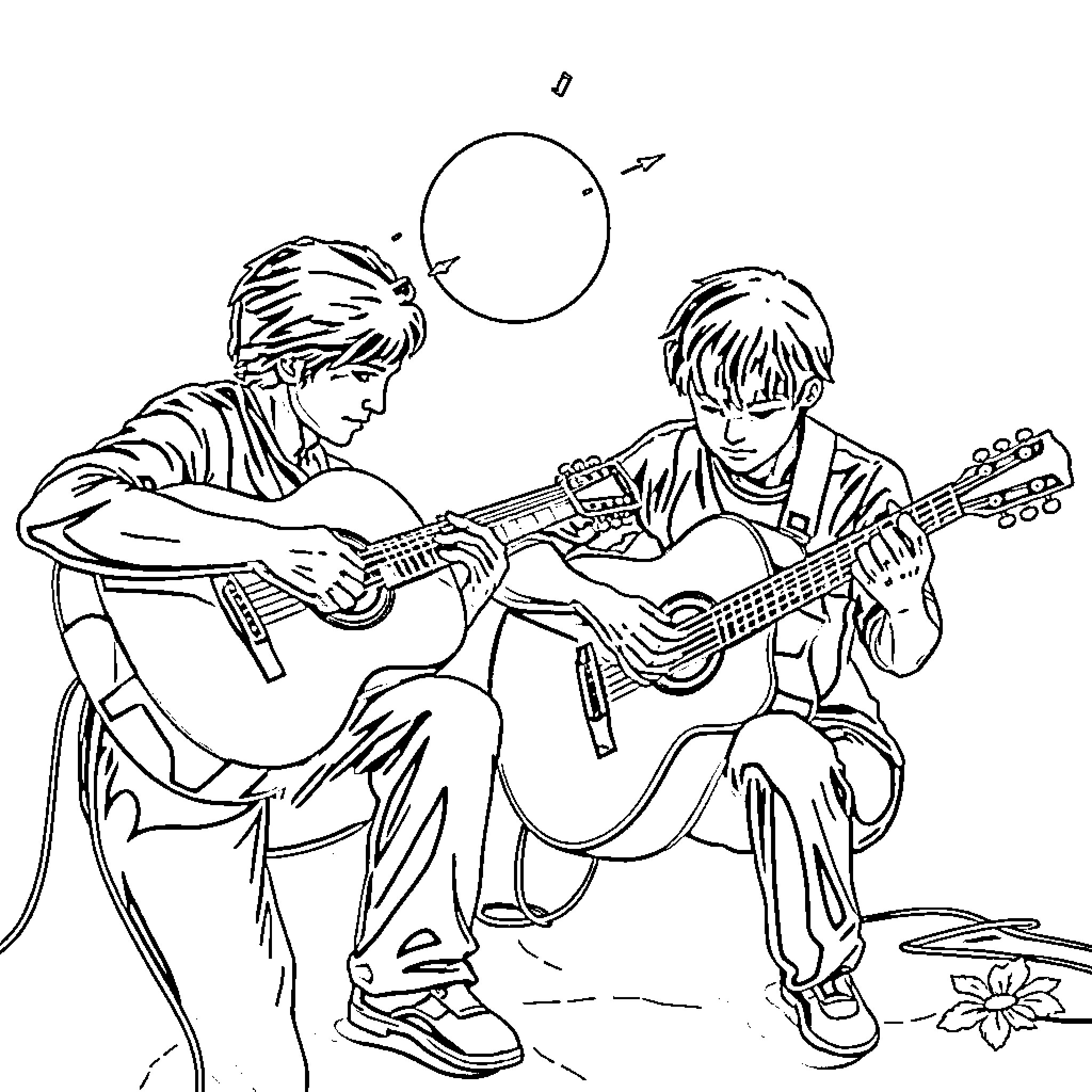 Guitar duo performing with enthusiasm Coloring Page (free black-and-white line drawing printable PDF for all, from beginners to advanced learners, including children, teens, adults, and seniors)
