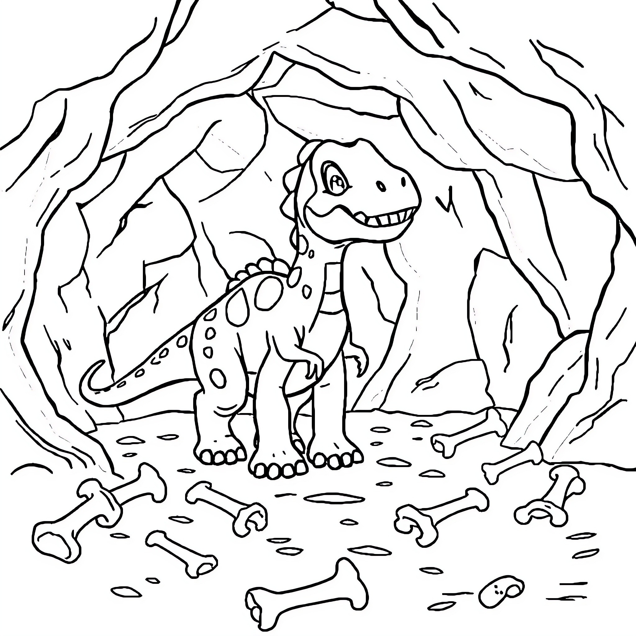 Dinosaur exploring the prehistoric landscape Coloring Page (free black-and-white line drawing printable PDF for all, from beginners to advanced learners, including children, teens, adults, and seniors)