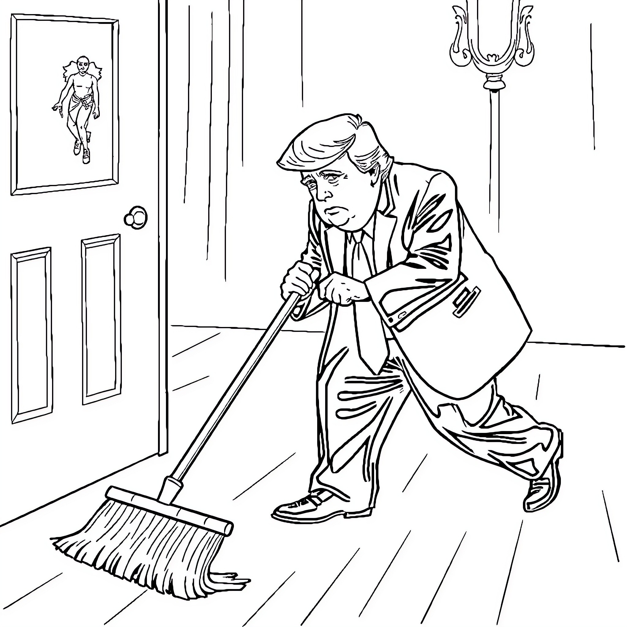 Donald Trump sweeping the floor in a formal setting Coloring Page (free black-and-white line drawing printable PDF for all, from beginners to advanced learners, including children, teens, adults, and seniors)