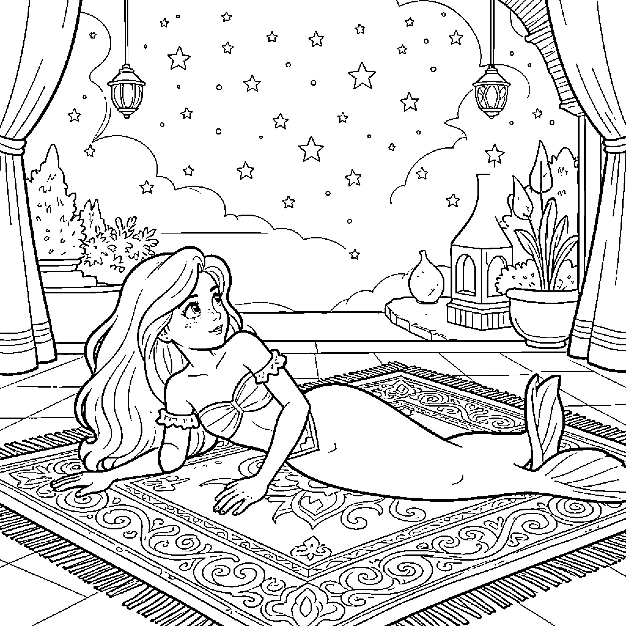 Siren resting on a rug under a starry sky Coloring Page (free black-and-white line drawing printable PDF for all, from beginners to advanced learners, including children, teens, adults, and seniors)