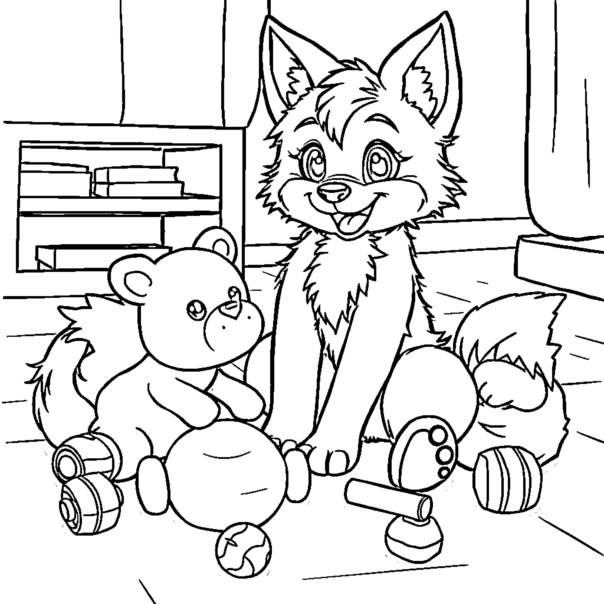Jinx's Playful Companions in the Cozy Study Coloring Page (free black-and-white line drawing printable PDF for all, from beginners to advanced learners, including children, teens, adults, and seniors)