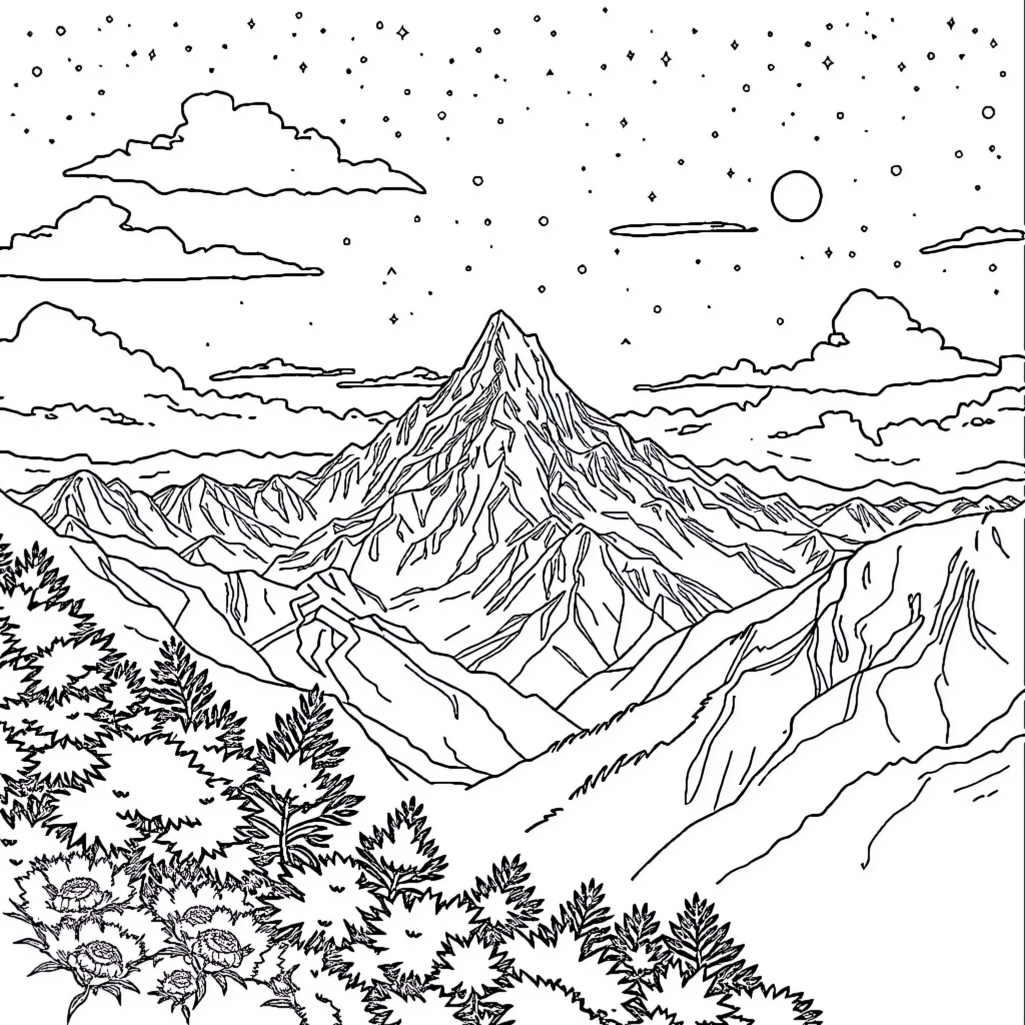 Landscape of a mountainous starry night Coloring Page (free black-and-white line drawing printable PDF for all, from beginners to advanced learners, including children, teens, adults, and seniors)