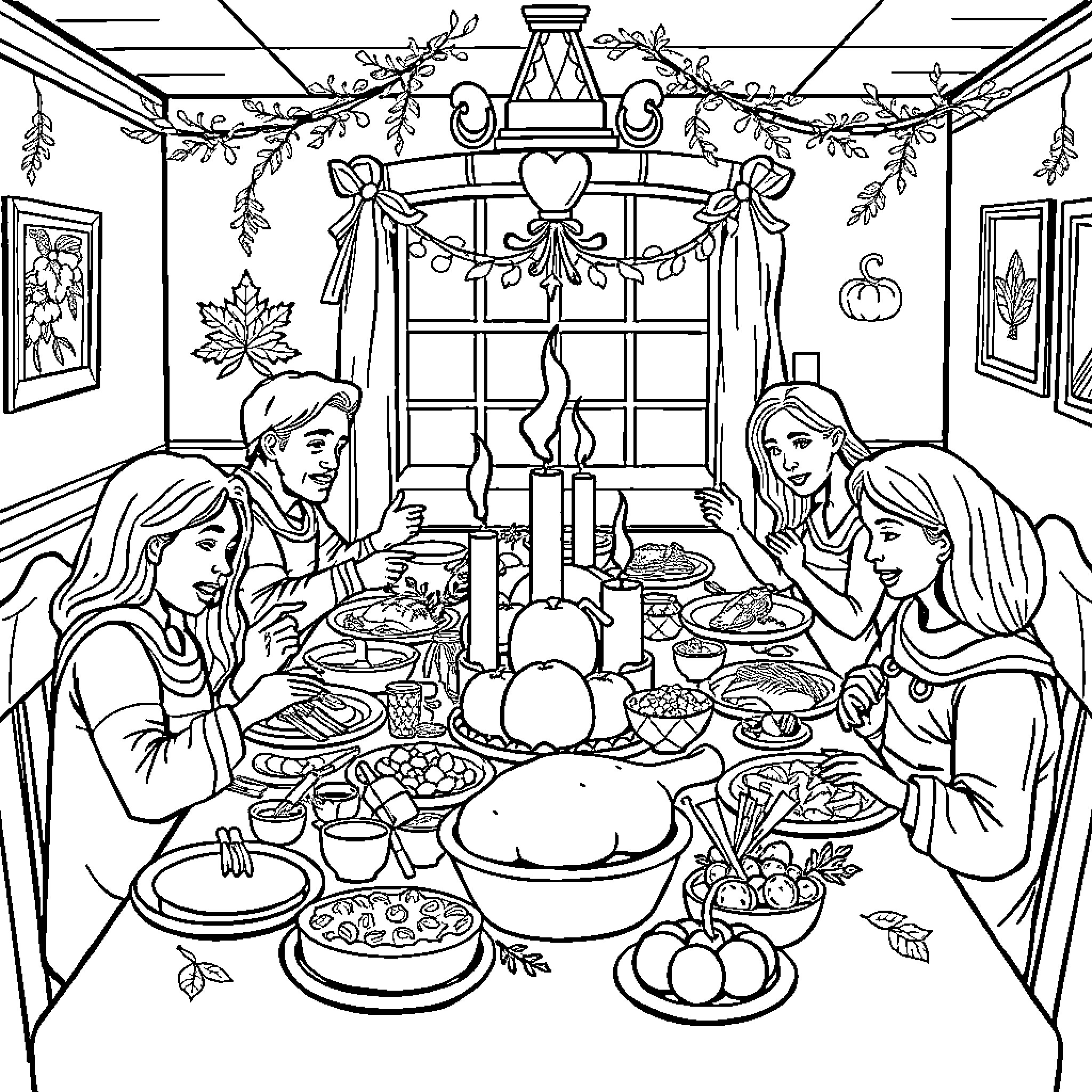 Family gathering around a bountiful Thanksgiving feast Coloring Page (free black-and-white line drawing printable PDF for all, from beginners to advanced learners, including children, teens, adults, and seniors)