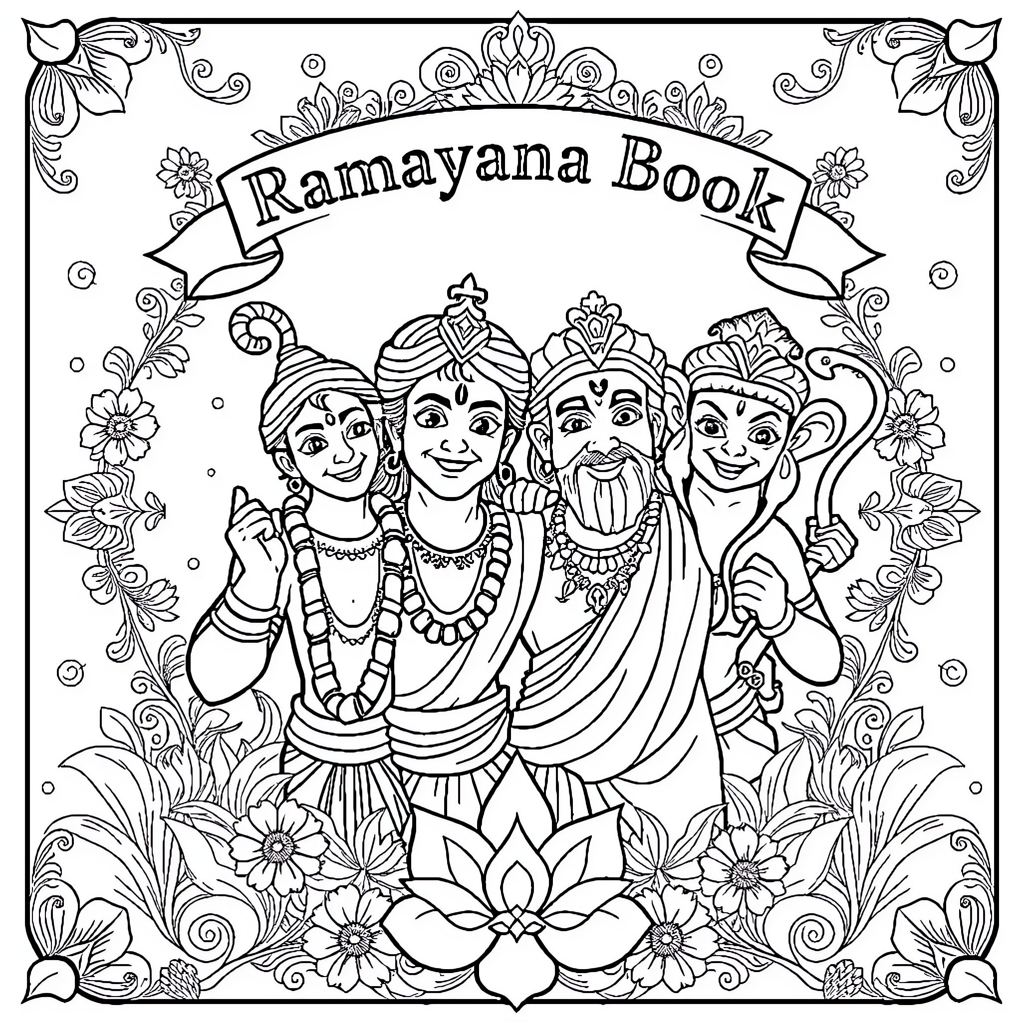 Ramayana Book: Characters and Scenes Coloring Page (free black-and-white line drawing printable PDF for all, from beginners to advanced learners, including children, teens, adults, and seniors)