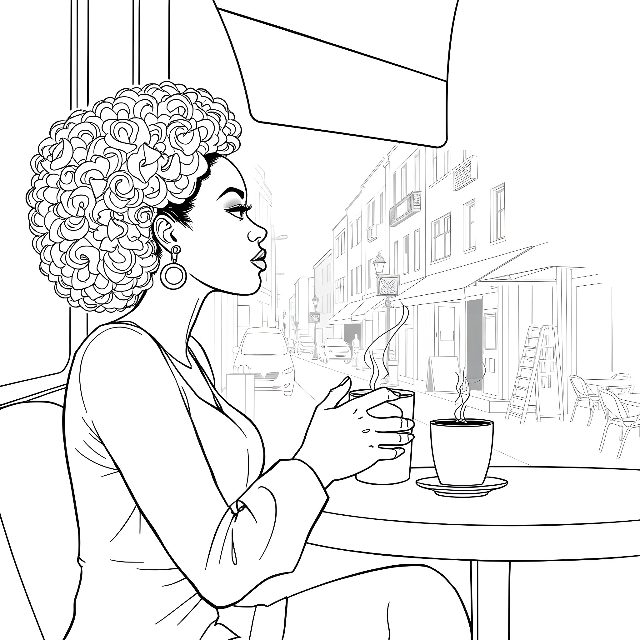 Woman enjoying coffee break at outdoor cafe Coloring Page (free black-and-white line drawing printable PDF for all, from beginners to advanced learners, including children, teens, adults, and seniors)