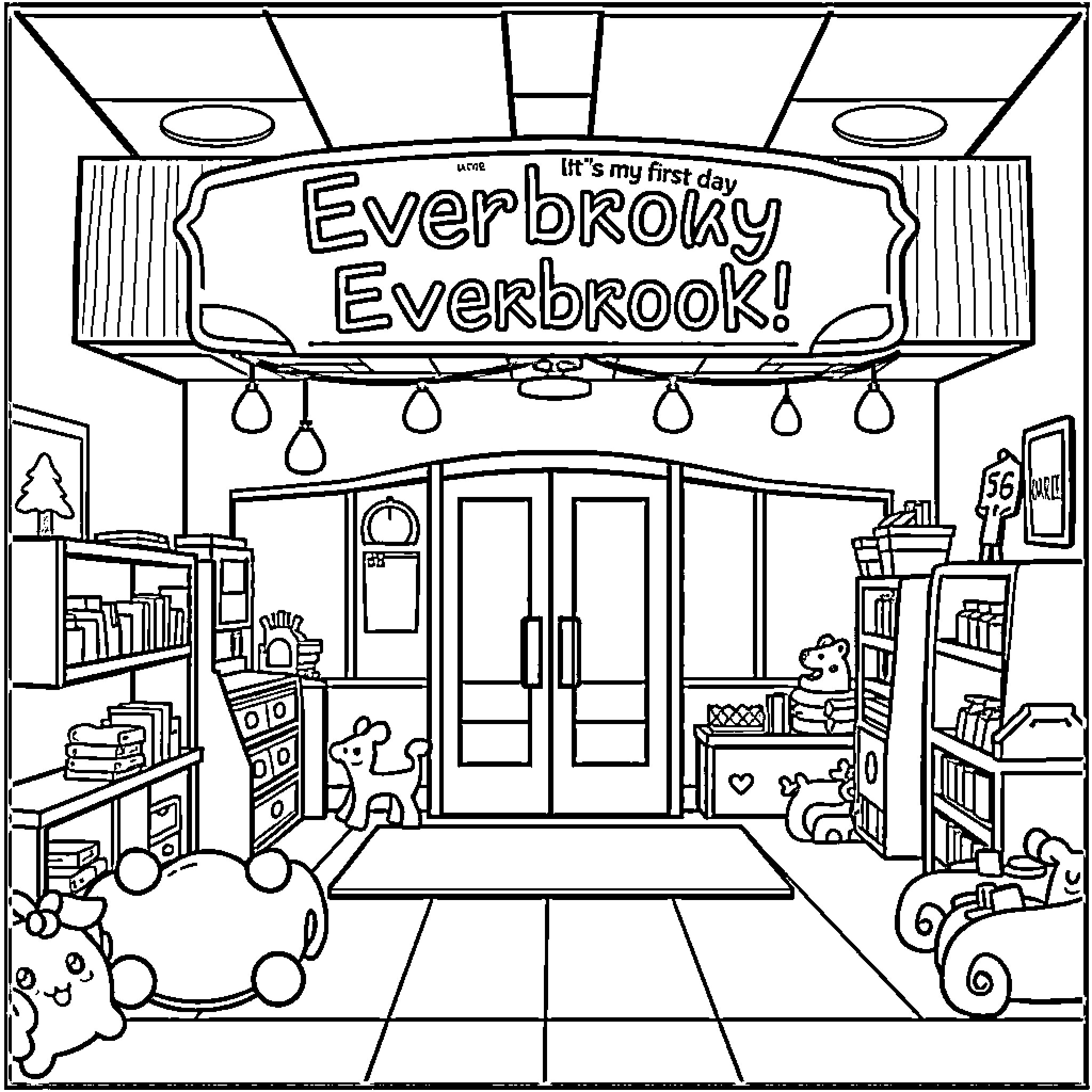 Daycare scene with toys, books, and Everbrooky Everbrook store Coloring Page (free black-and-white line drawing printable PDF for all, from beginners to advanced learners, including children, teens, adults, and seniors)