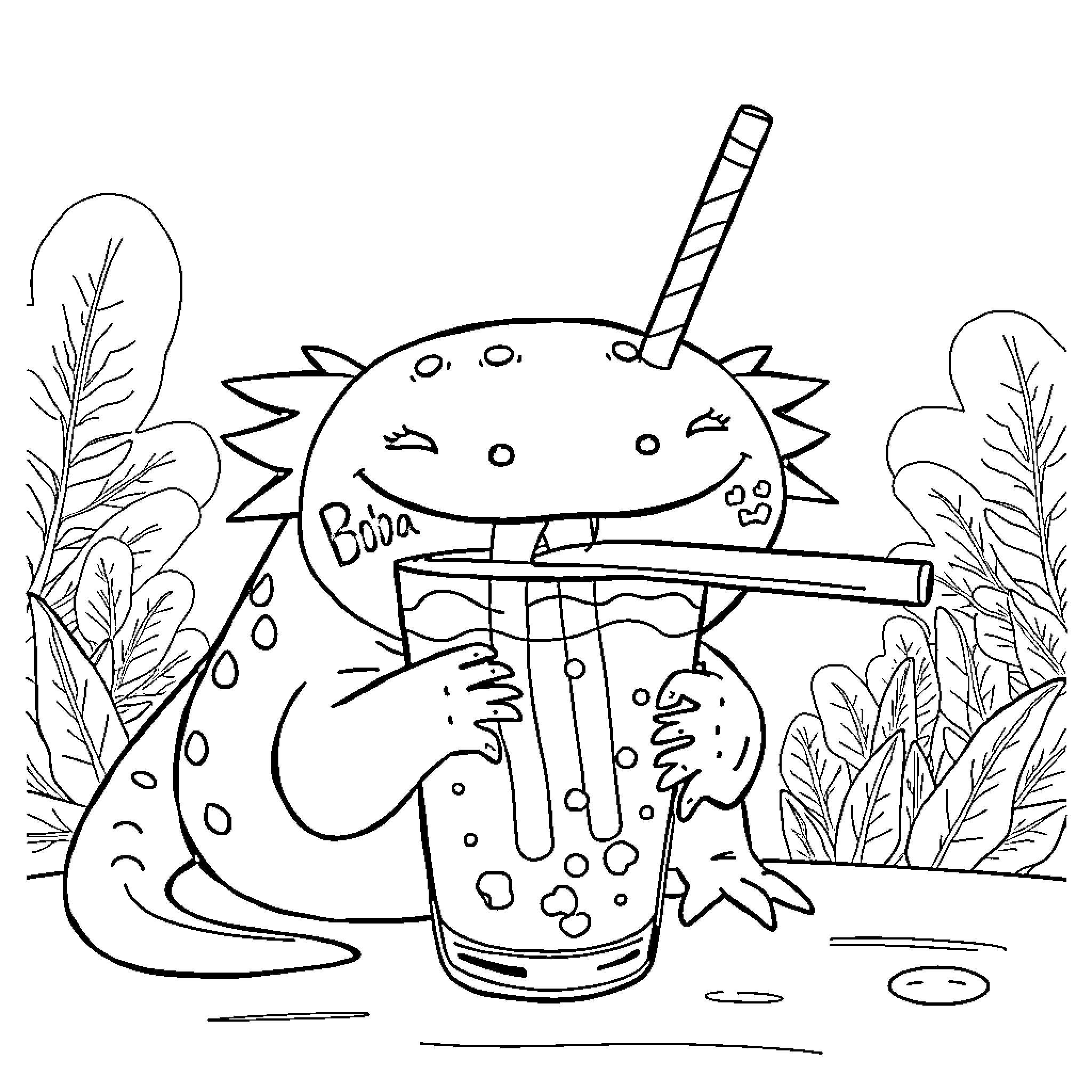 Axolotl enjoying a fun drink Coloring Page (free black-and-white line drawing printable PDF for all, from beginners to advanced learners, including children, teens, adults, and seniors)
