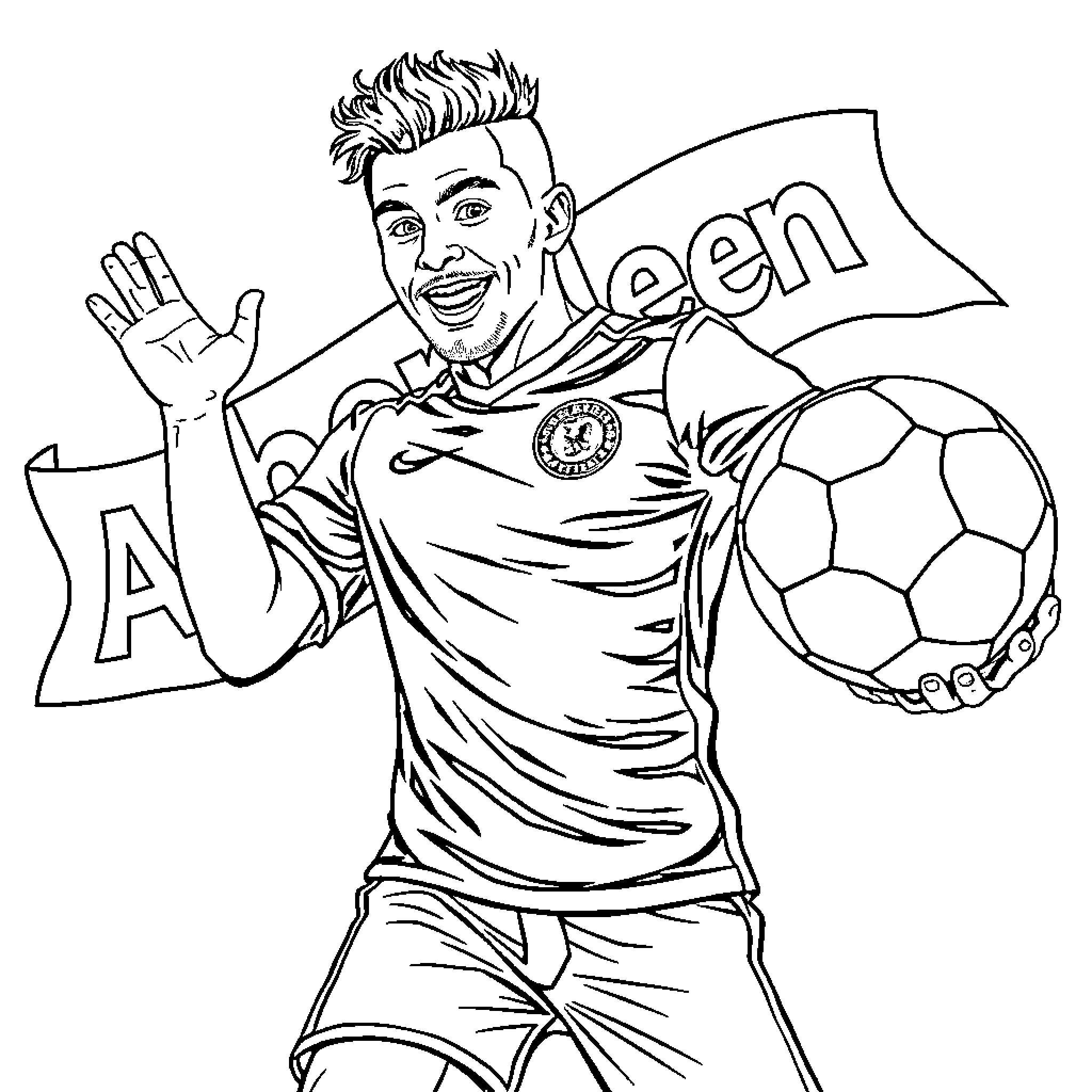 Footballer celebrating with soccer ball and flag Coloring Page (free black-and-white line drawing printable PDF for all, from beginners to advanced learners, including children, teens, adults, and seniors)