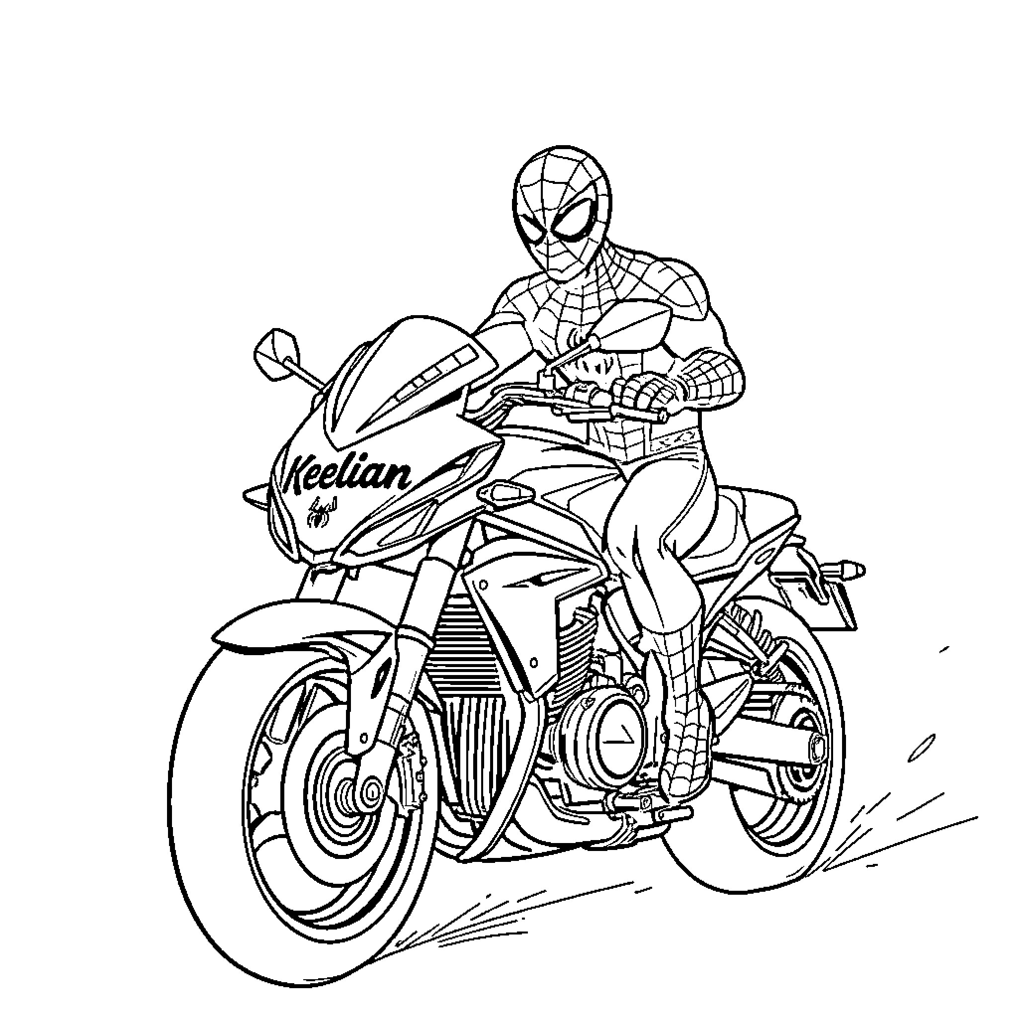 Spiderman riding a powerful motorcycle Coloring Page (free black-and-white line drawing printable PDF for all, from beginners to advanced learners, including children, teens, adults, and seniors)