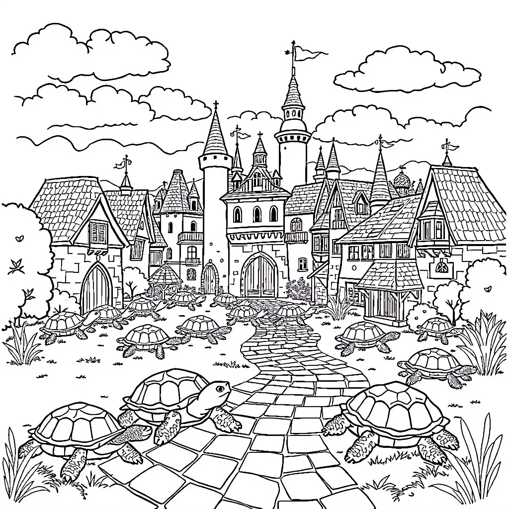 Turtle Gathering in Whimsical Castle Town Coloring Page (free black-and-white line drawing printable PDF for all, from beginners to advanced learners, including children, teens, adults, and seniors)