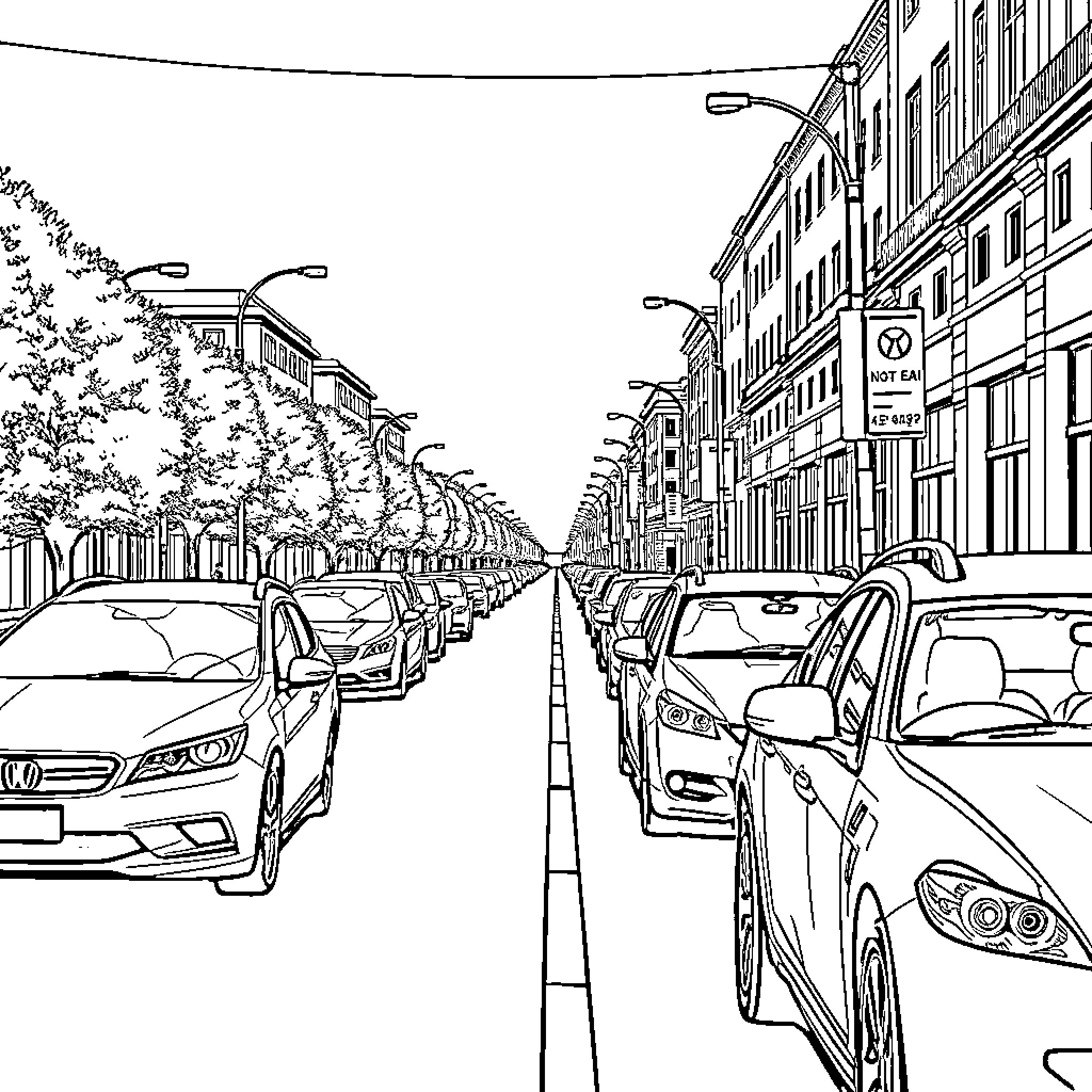 Car-filled city street with busy traffic and buildings Coloring Page (free black-and-white line drawing printable PDF for all, from beginners to advanced learners, including children, teens, adults, and seniors)
