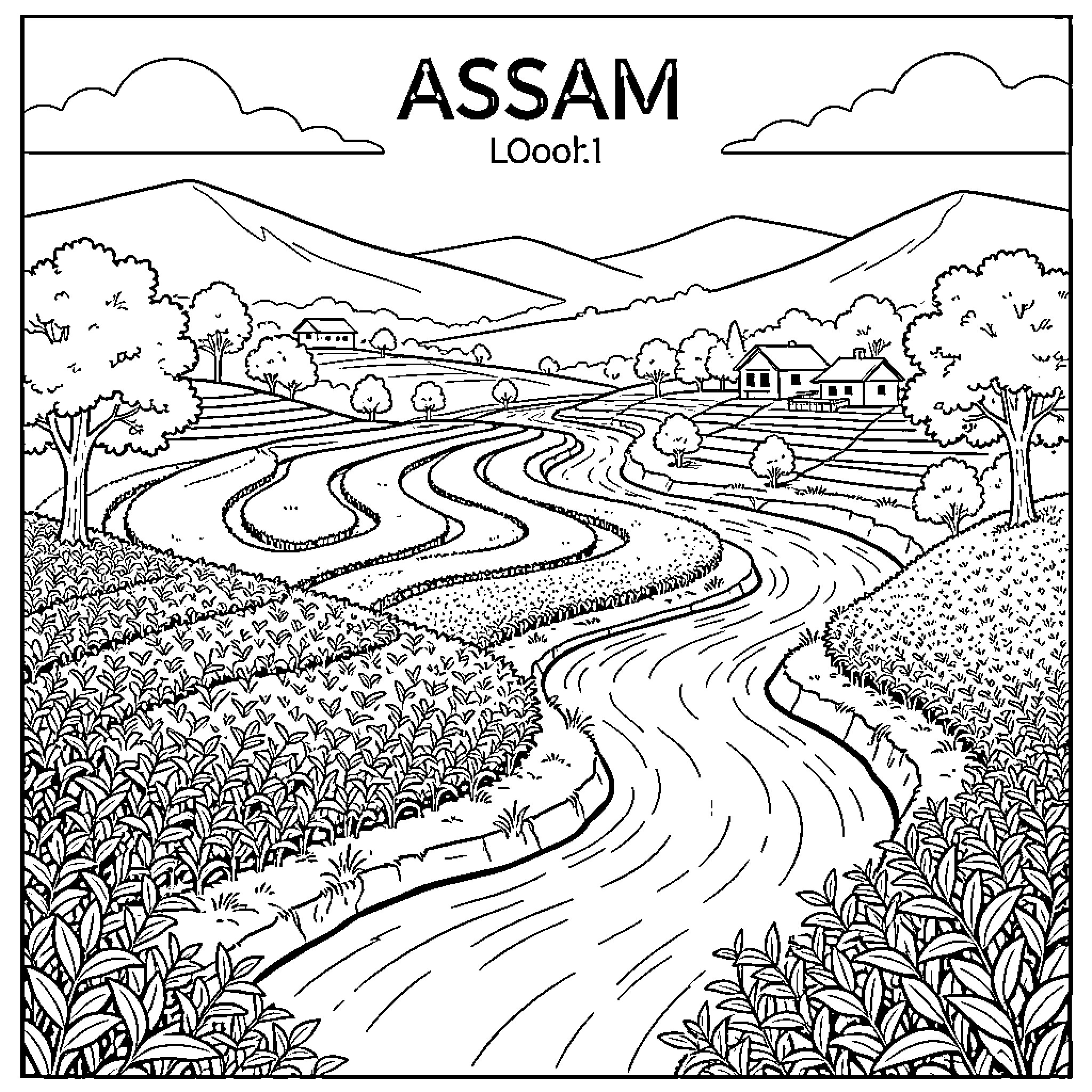 Assam scenic rural landscape with winding road Coloring Page (free black-and-white line drawing printable PDF for all, from beginners to advanced learners, including children, teens, adults, and seniors)