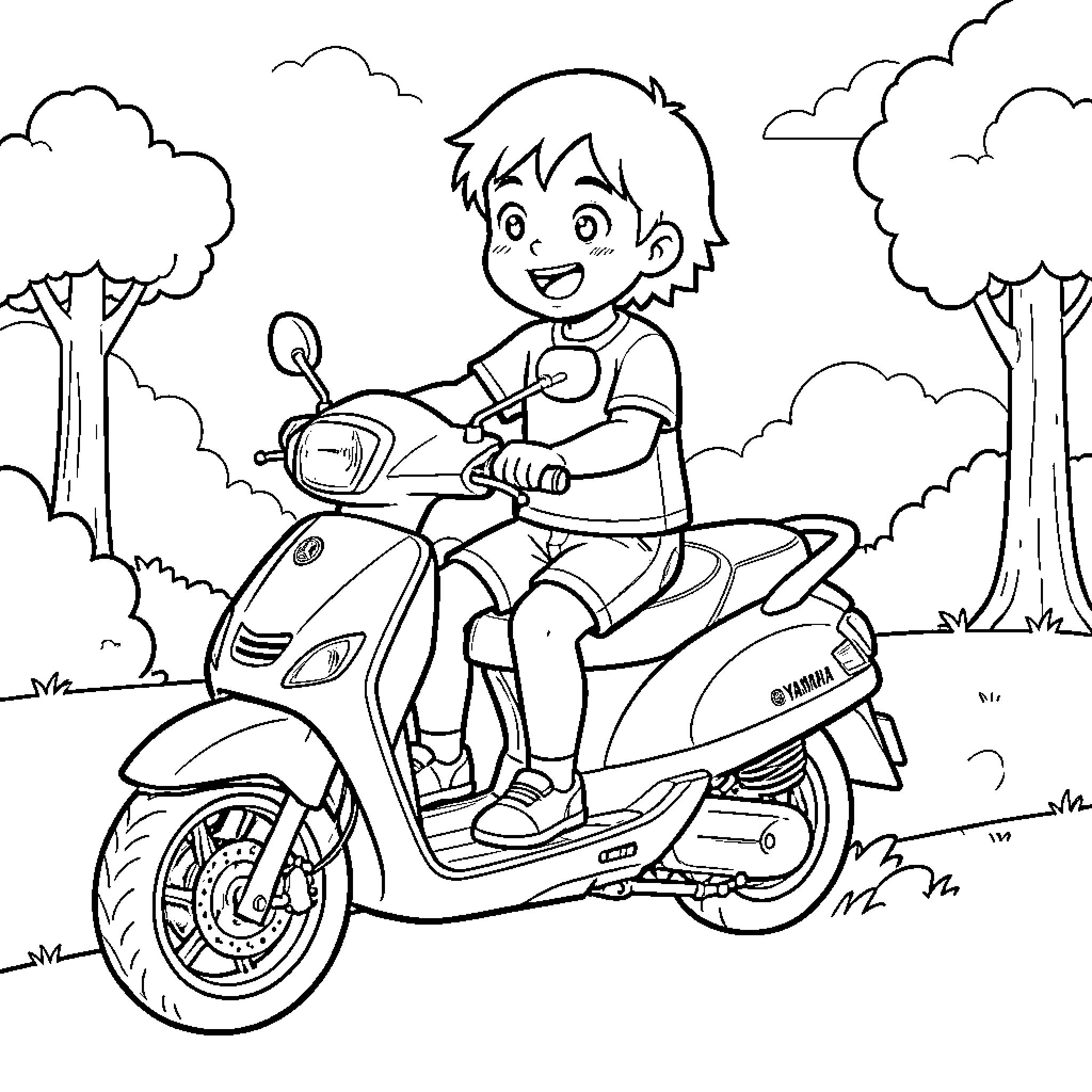 Child riding a scooter through a park Coloring Page (free black-and-white line drawing printable PDF for all, from beginners to advanced learners, including children, teens, adults, and seniors)