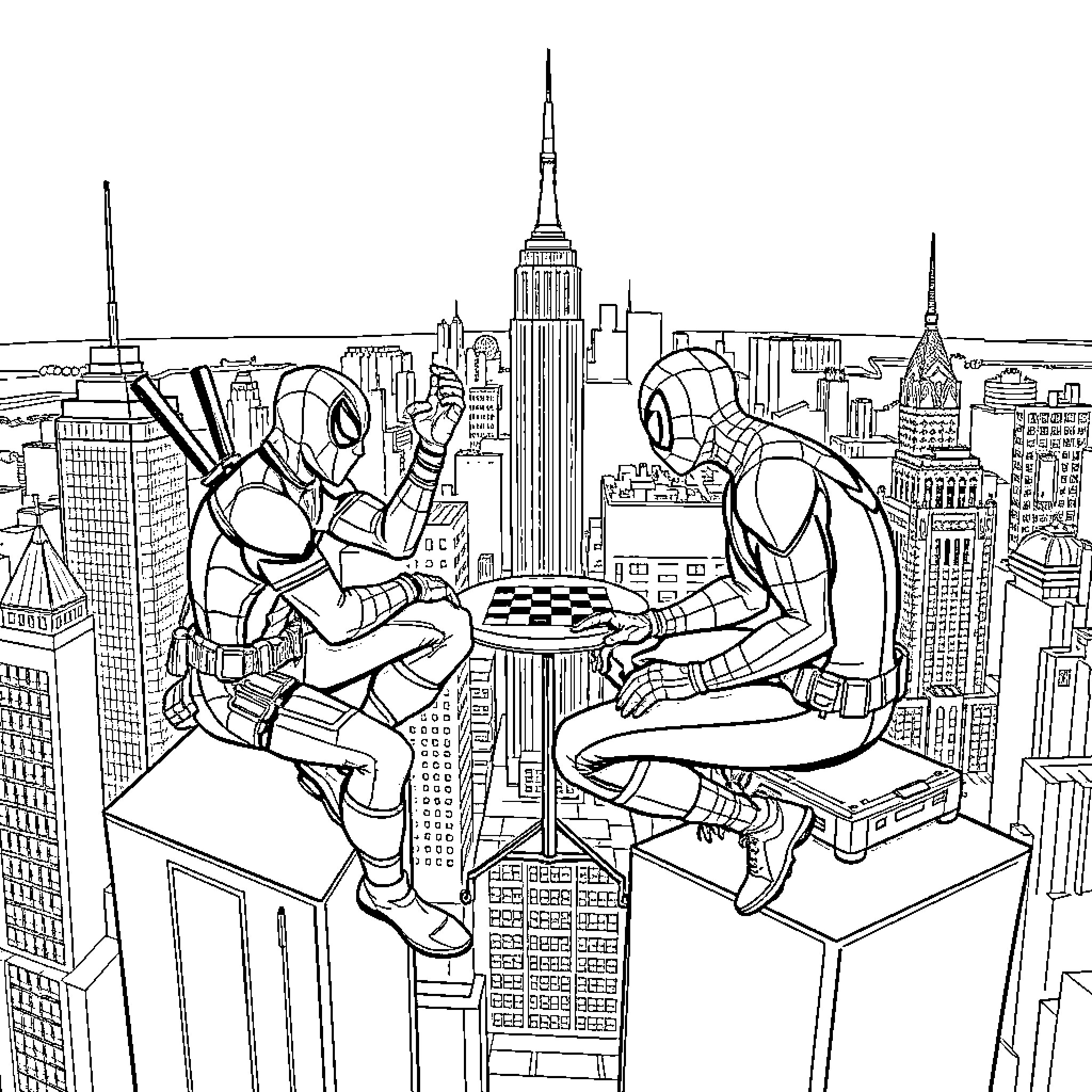 Deadpool's Antics Atop New York City Skyscrapers Coloring Page (free black-and-white line drawing printable PDF for all, from beginners to advanced learners, including children, teens, adults, and seniors)
