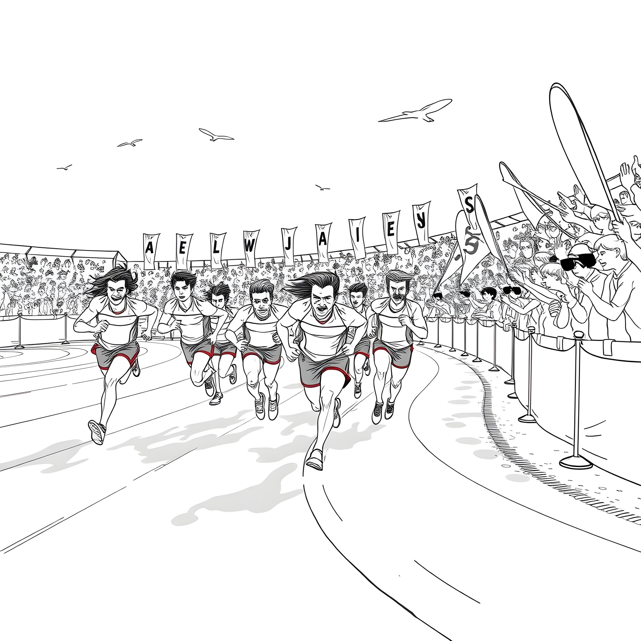 Runner athletes competing in a sports event Coloring Page (free black-and-white line drawing printable PDF for all, from beginners to advanced learners, including children, teens, adults, and seniors)