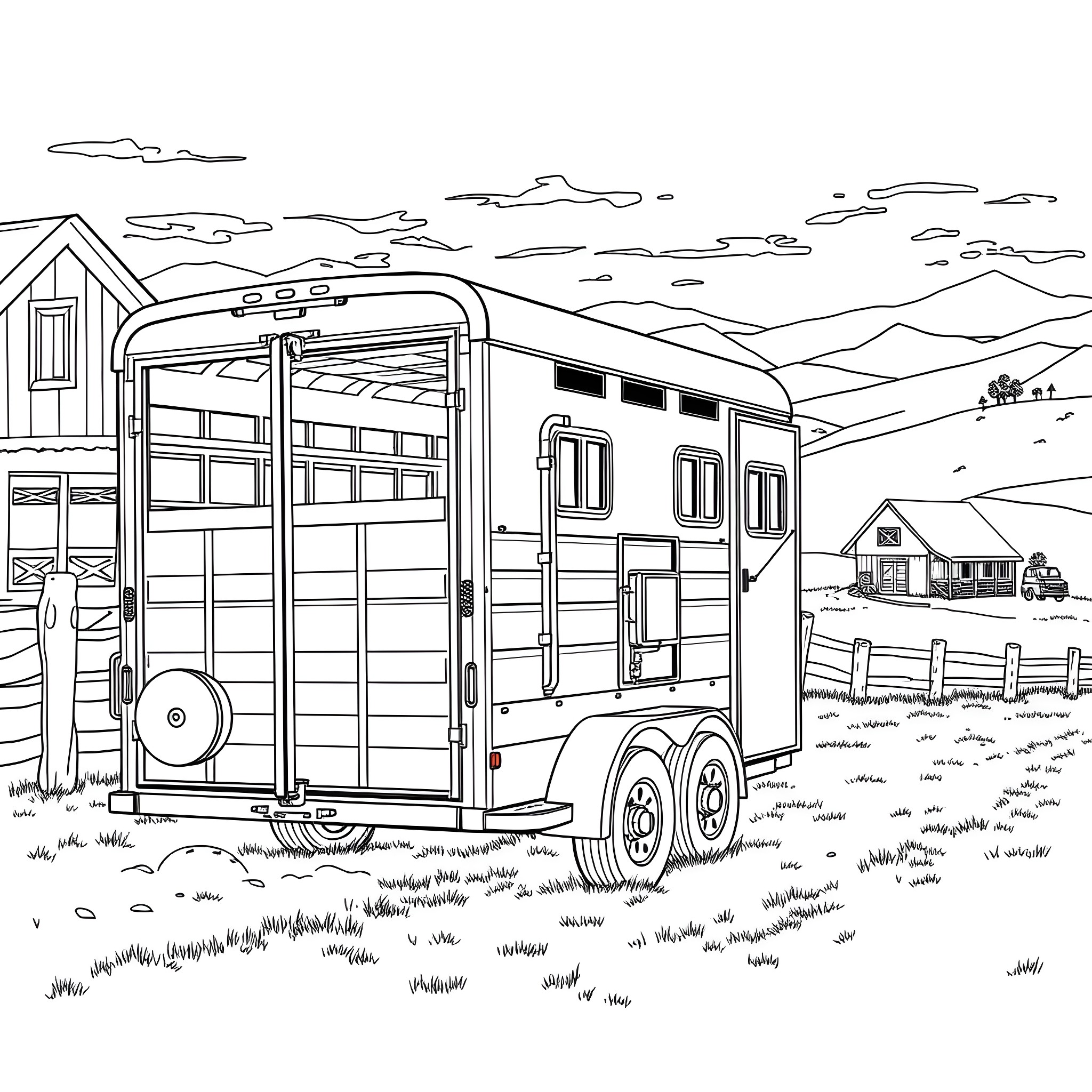 Gooseneck Trailer parked in rural countryside Coloring Page (free black-and-white line drawing printable PDF for all, from beginners to advanced learners, including children, teens, adults, and seniors)