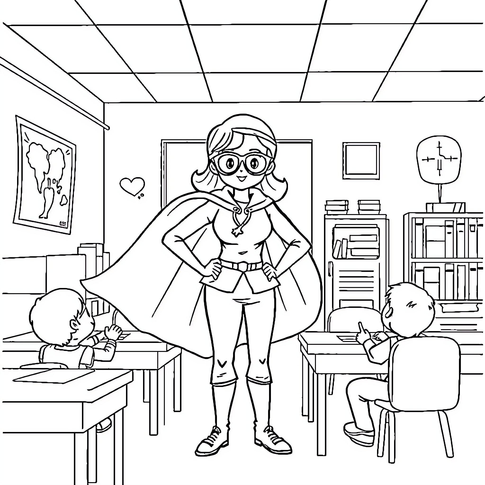 Superhero in the Classroom Inspiring Students Coloring Page (free black-and-white line drawing printable PDF for all, from beginners to advanced learners, including children, teens, adults, and seniors)