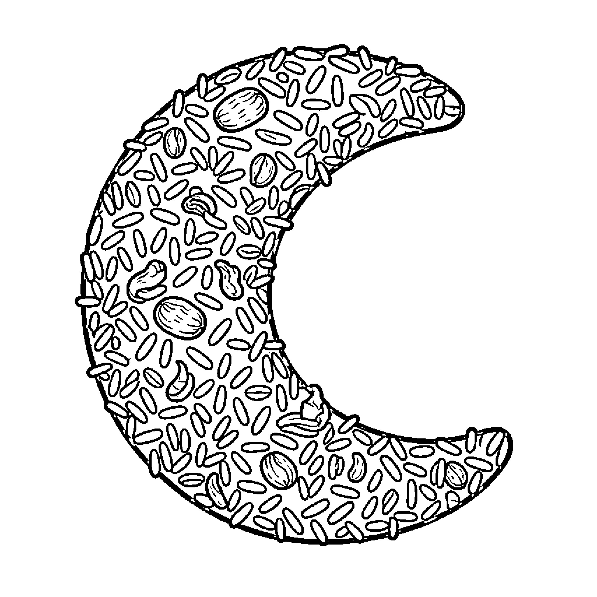 Bonhomme enjoying a crescent-shaped treat Coloring Page (free black-and-white line drawing printable PDF for all, from beginners to advanced learners, including children, teens, adults, and seniors)