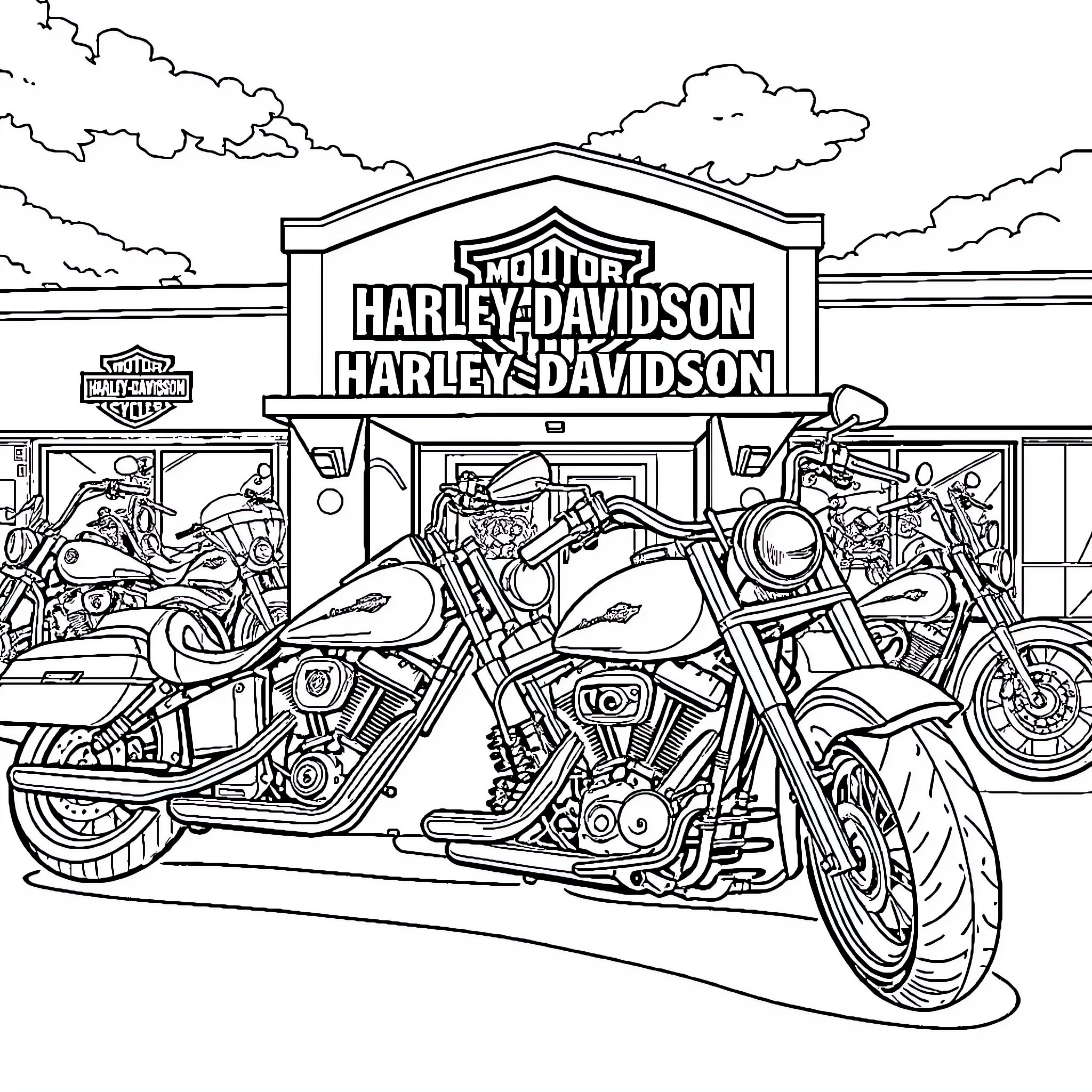 Harley Davidson motorcycles showcased in front of dealership Coloring Page (free black-and-white line drawing printable PDF for all, from beginners to advanced learners, including children, teens, adults, and seniors)