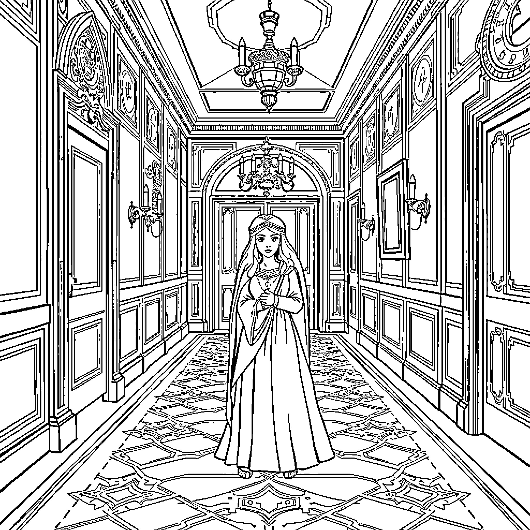 Ester's Journey Through the Ornate Palace Halls Coloring Page (free black-and-white line drawing printable PDF for all, from beginners to advanced learners, including children, teens, adults, and seniors)
