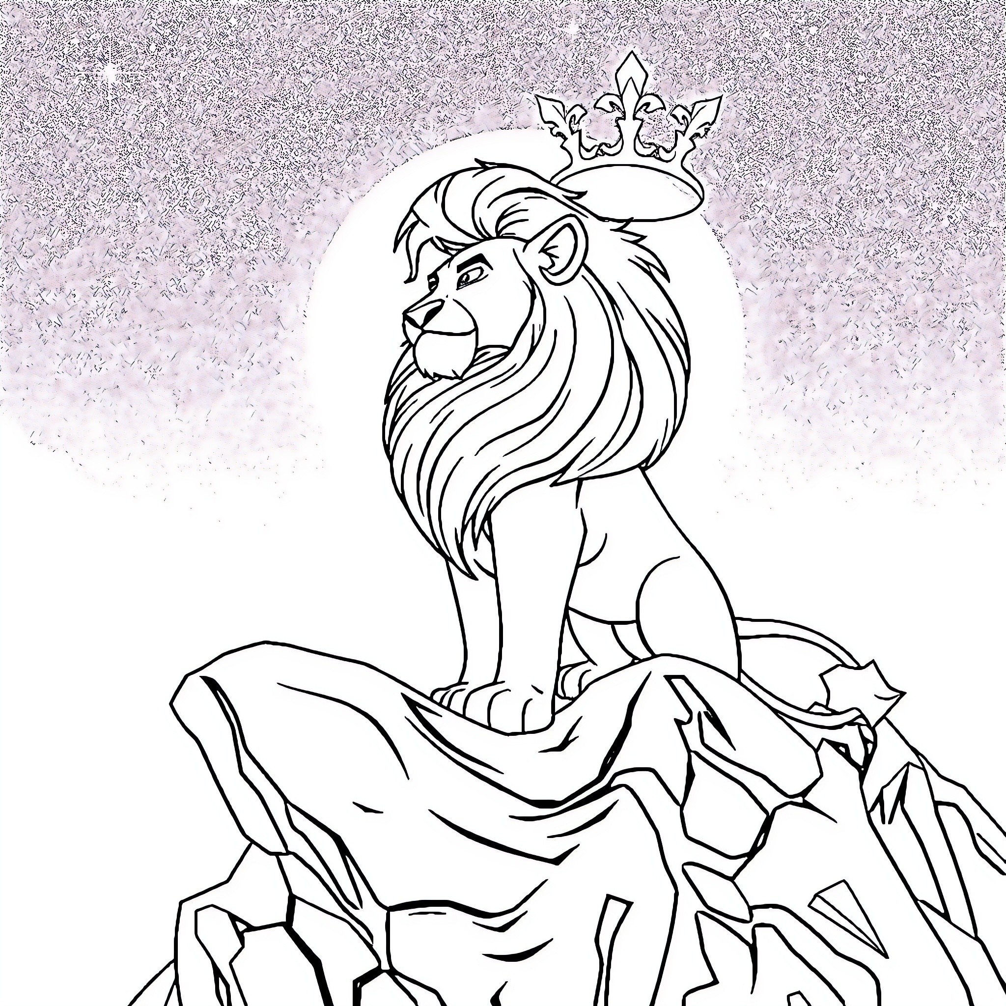 Lion king on the throne Coloring Page (free black-and-white line drawing printable PDF for all, from beginners to advanced learners, including children, teens, adults, and seniors)