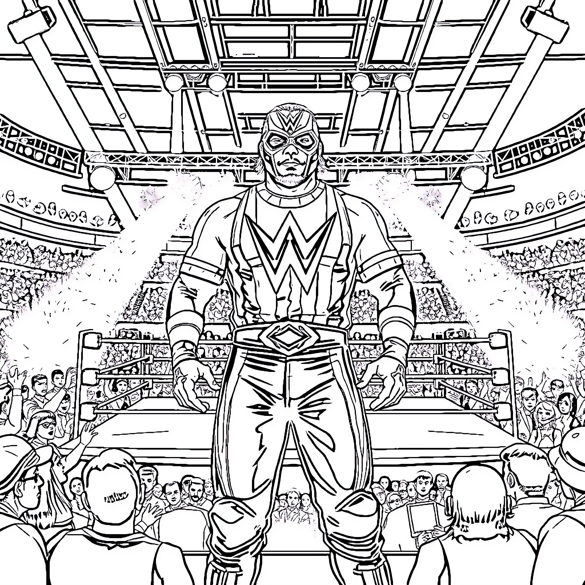 Rey Mysterio's Dramatic Wrestling Performance in the Ring Coloring Page (free black-and-white line drawing printable PDF for all, from beginners to advanced learners, including children, teens, adults, and seniors)