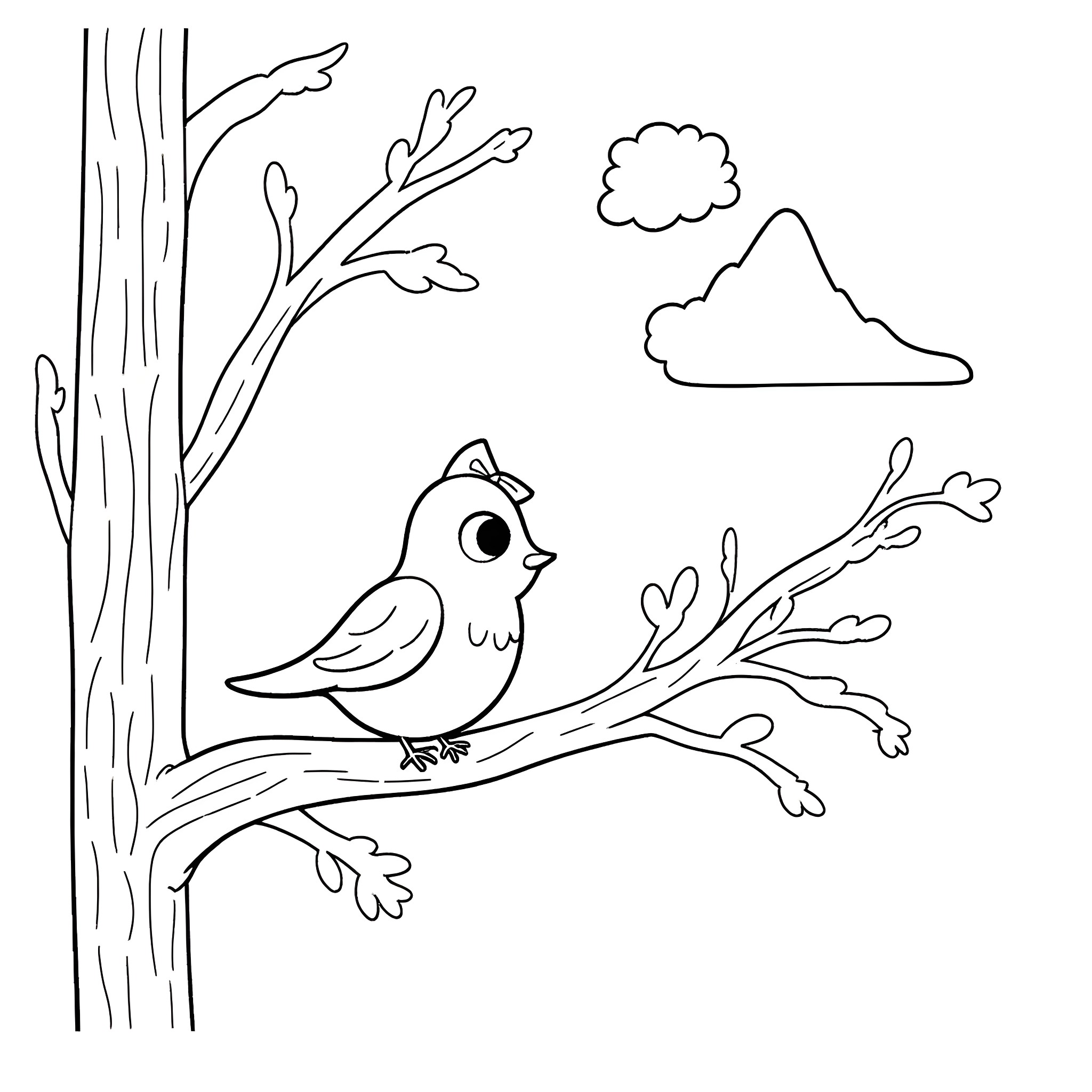 Bird perched on tree branch in natural setting Coloring Page (free black-and-white line drawing printable PDF for all, from beginners to advanced learners, including children, teens, adults, and seniors)