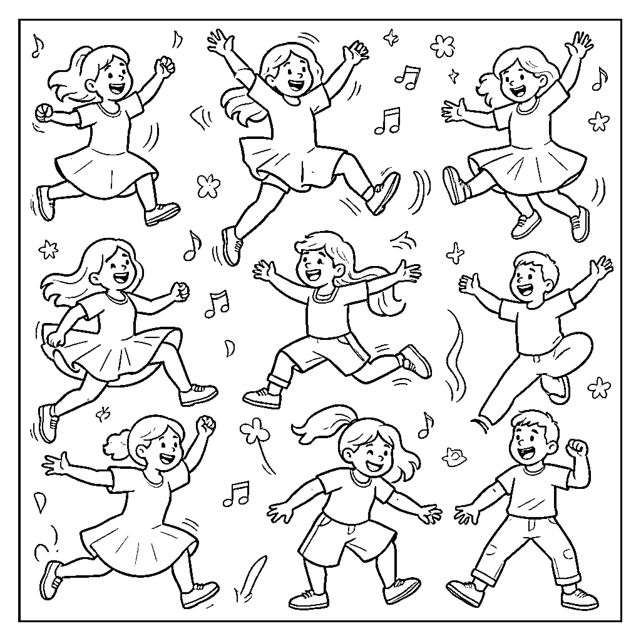 Rhythmic Figures: Joyful Children Dancing and Expressing Themselves Coloring Page (free black-and-white line drawing printable PDF for all, from beginners to advanced learners, including children, teens, adults, and seniors)