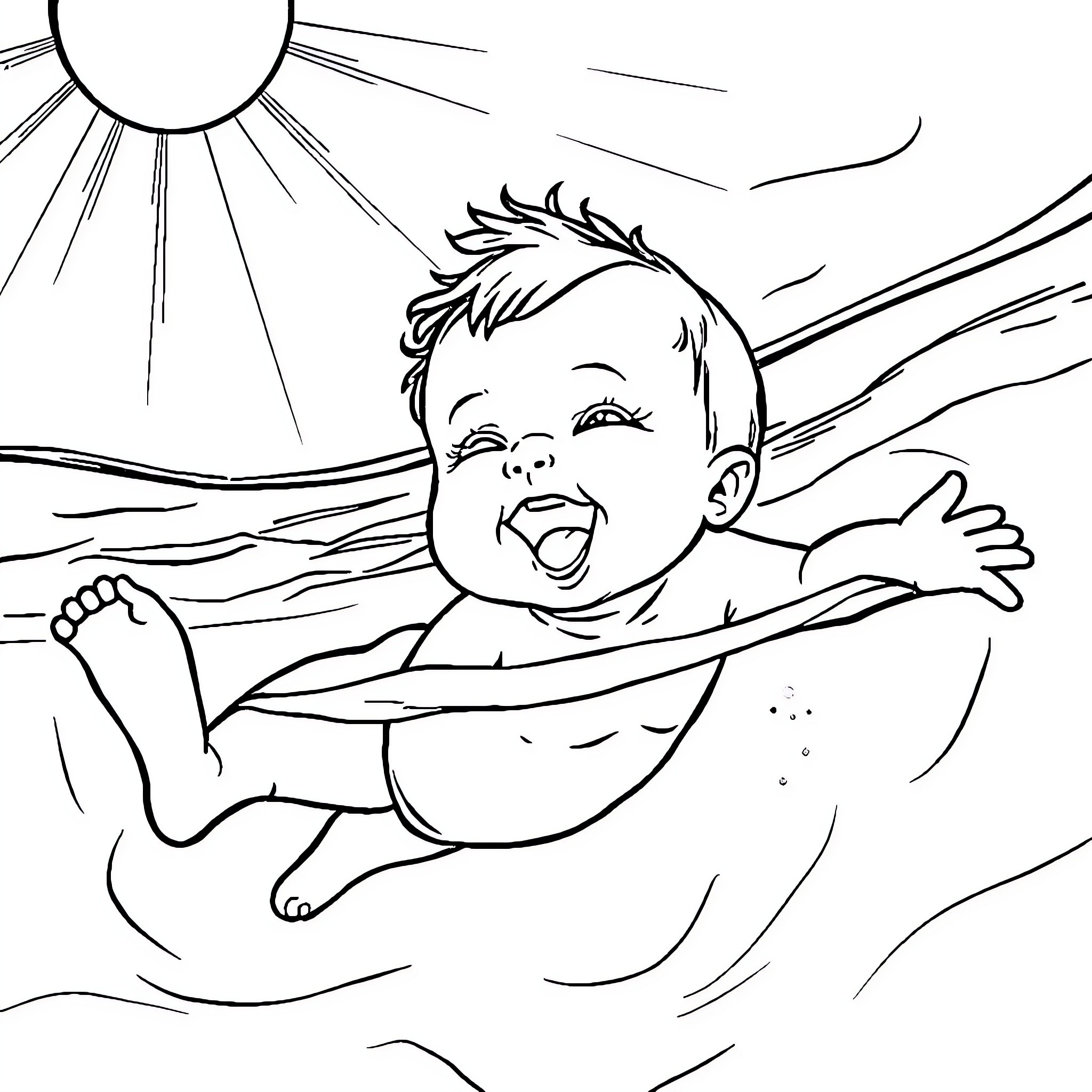 Baby happily swimming in the sun Coloring Page (free black-and-white line drawing printable PDF for all, from beginners to advanced learners, including children, teens, adults, and seniors)