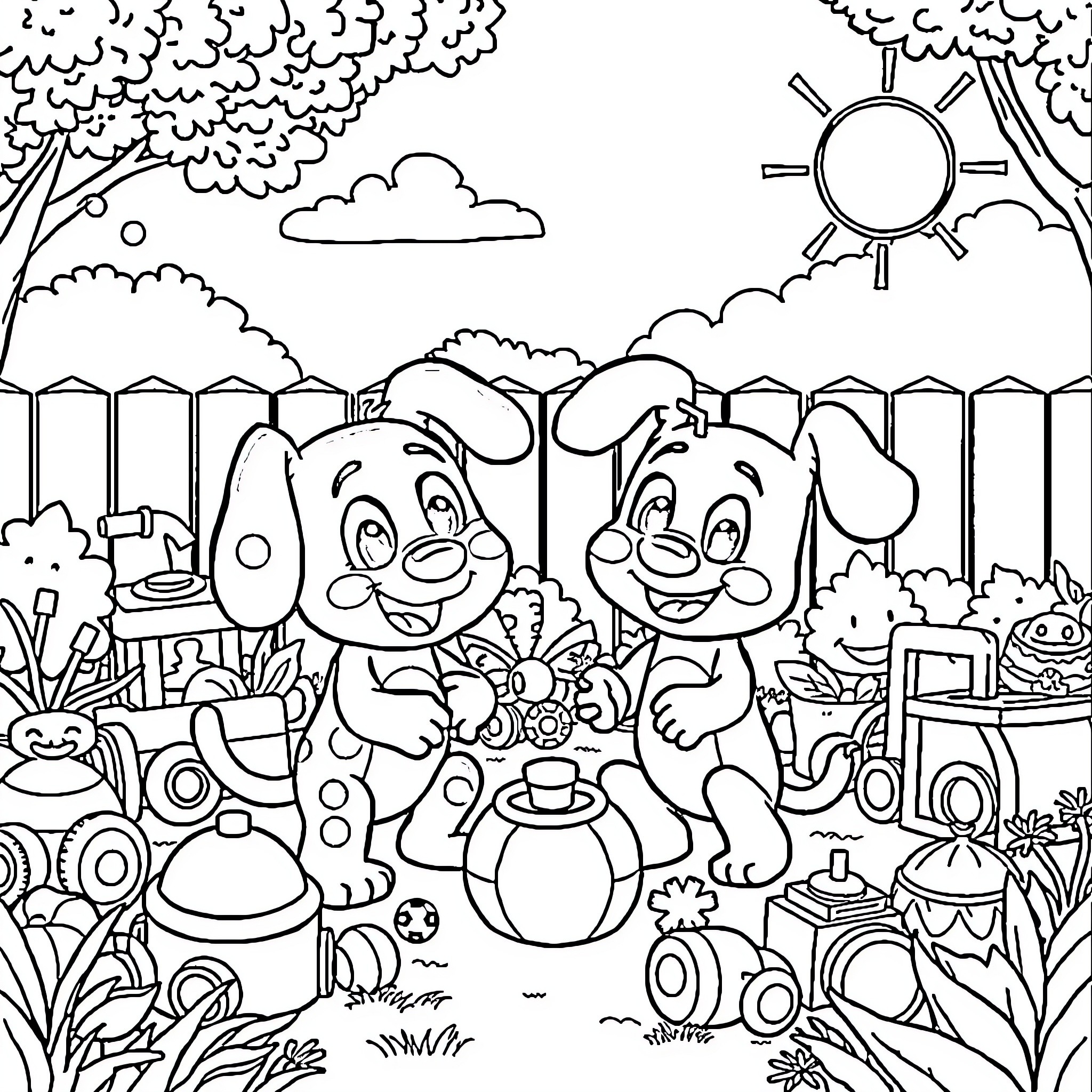 Bluey and friends exploring the outdoors Coloring Page (free black-and-white line drawing printable PDF for all, from beginners to advanced learners, including children, teens, adults, and seniors)