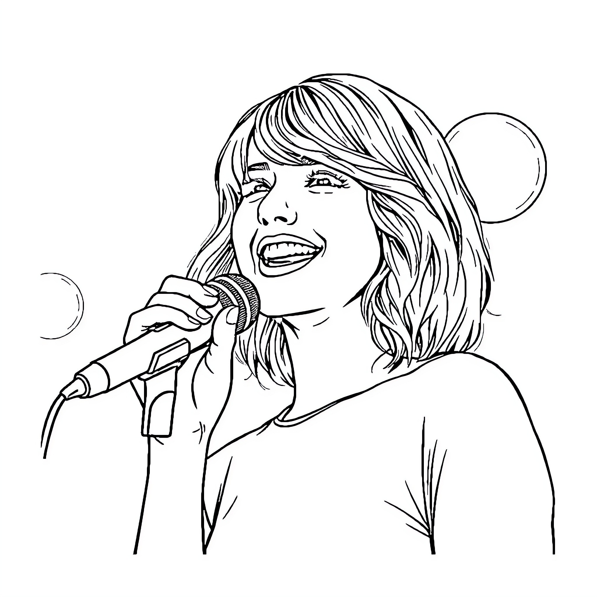 Taylor Swift performing on stage with a microphone Coloring Page (free black-and-white line drawing printable PDF for all, from beginners to advanced learners, including children, teens, adults, and seniors)