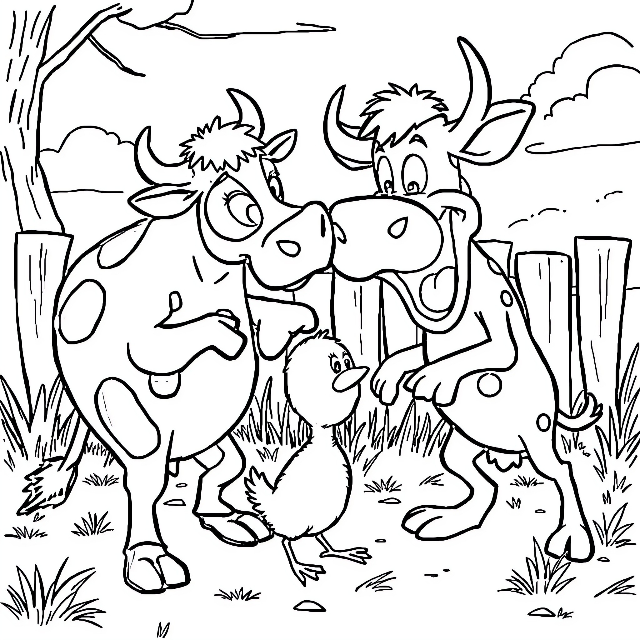 Cow friends enjoying nature together Coloring Page (free black-and-white line drawing printable PDF for all, from beginners to advanced learners, including children, teens, adults, and seniors)