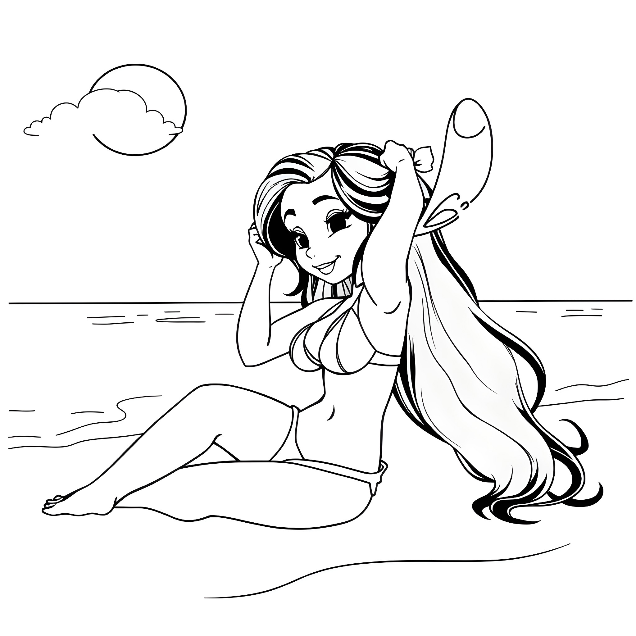 Nani enjoying a serene moment on the beach Coloring Page (free black-and-white line drawing printable PDF for all, from beginners to advanced learners, including children, teens, adults, and seniors)