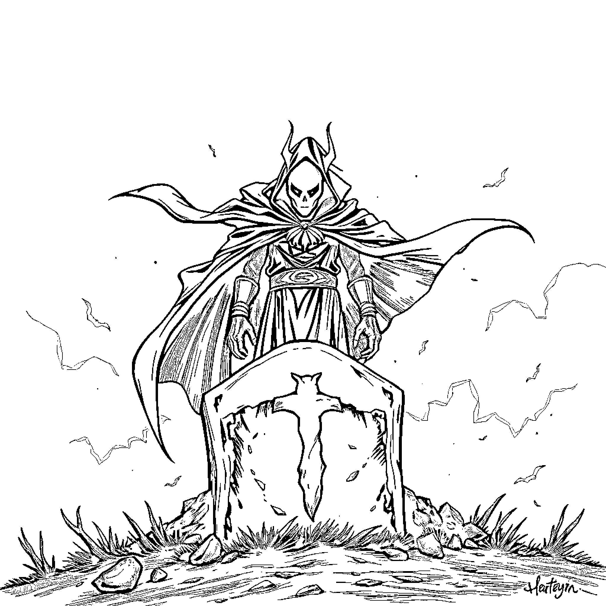 Spawn emerging from mystical gravestone in dark landscape Coloring Page (free black-and-white line drawing printable PDF for all, from beginners to advanced learners, including children, teens, adults, and seniors)
