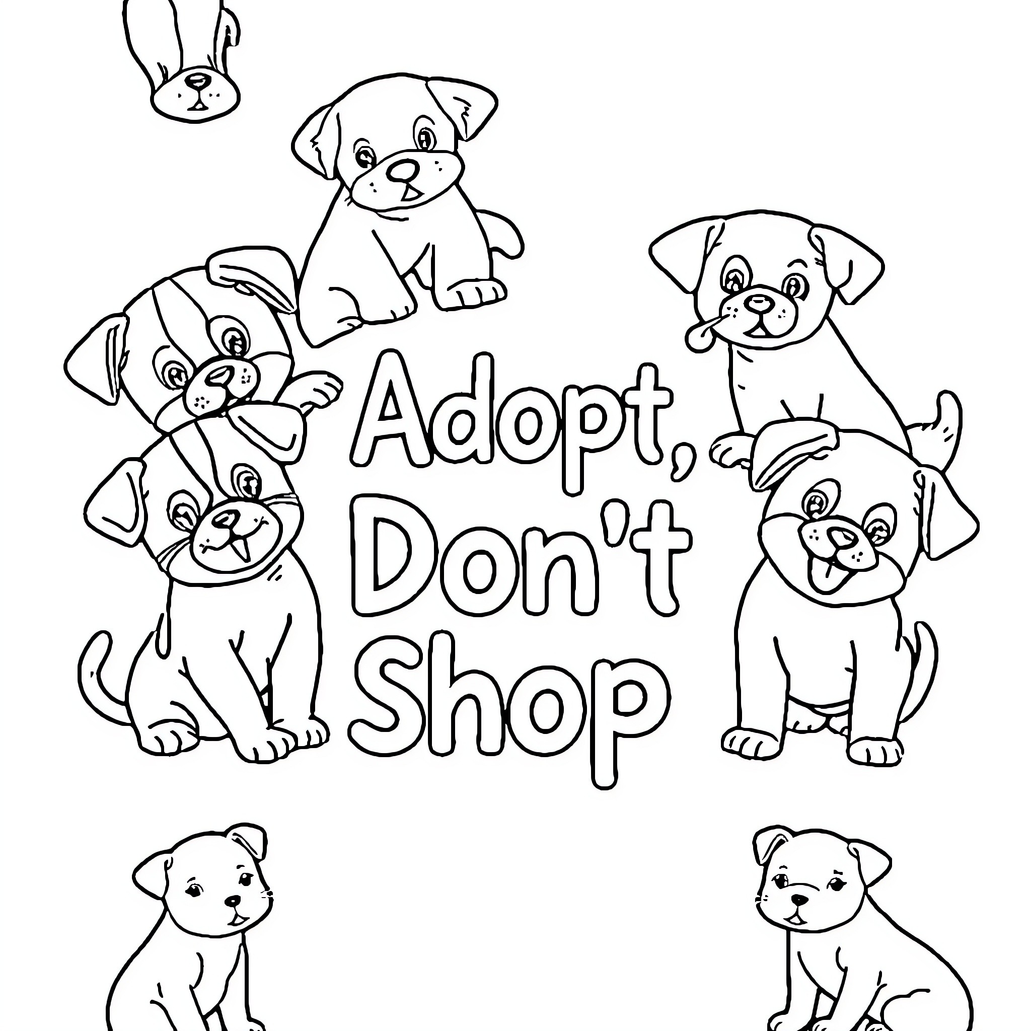 Adopt Adorable Puppies Looking for Homes Coloring Page (free black-and-white line drawing printable PDF for all, from beginners to advanced learners, including children, teens, adults, and seniors)