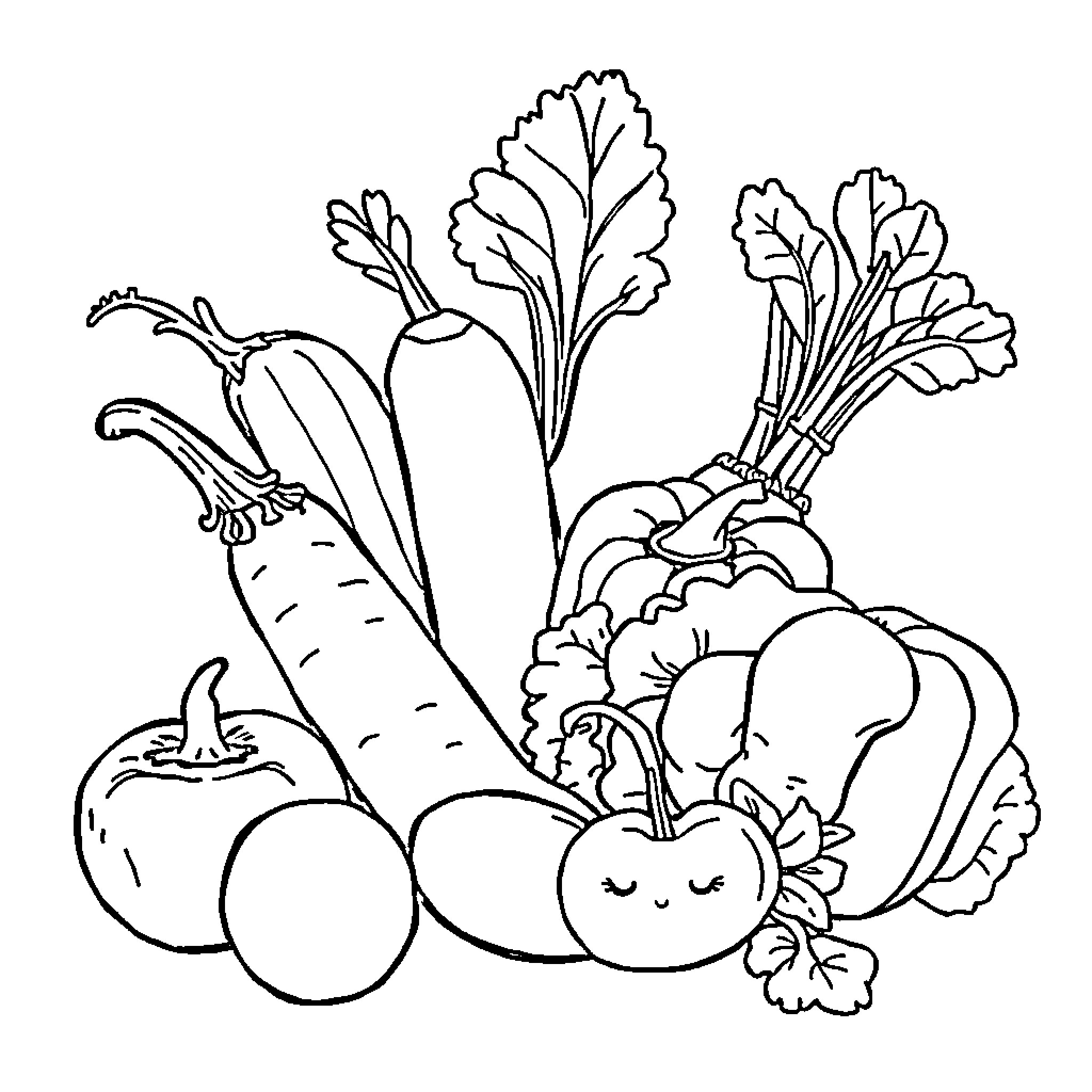 Vegetable assortment in monochrome illustration Coloring Page (free black-and-white line drawing printable PDF for all, from beginners to advanced learners, including children, teens, adults, and seniors)